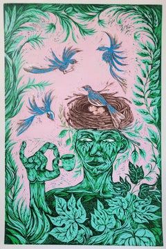 Stampa surrealista su blocco di legno Royal College of Art LGBTQ+ Donna Blue Green Birds