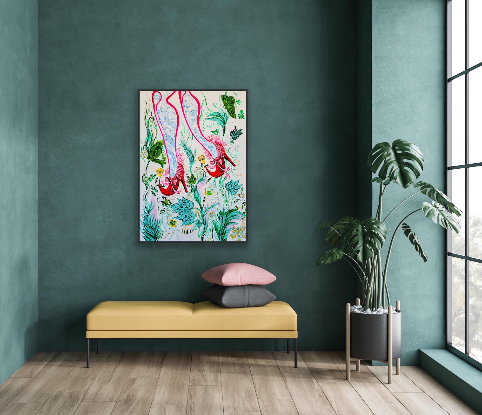 Stampa surrealista su legno Royal College of Art LGBTQ+ Donna Scarpe magiche rosse - Abstract Print Grigio di Isabel Rock