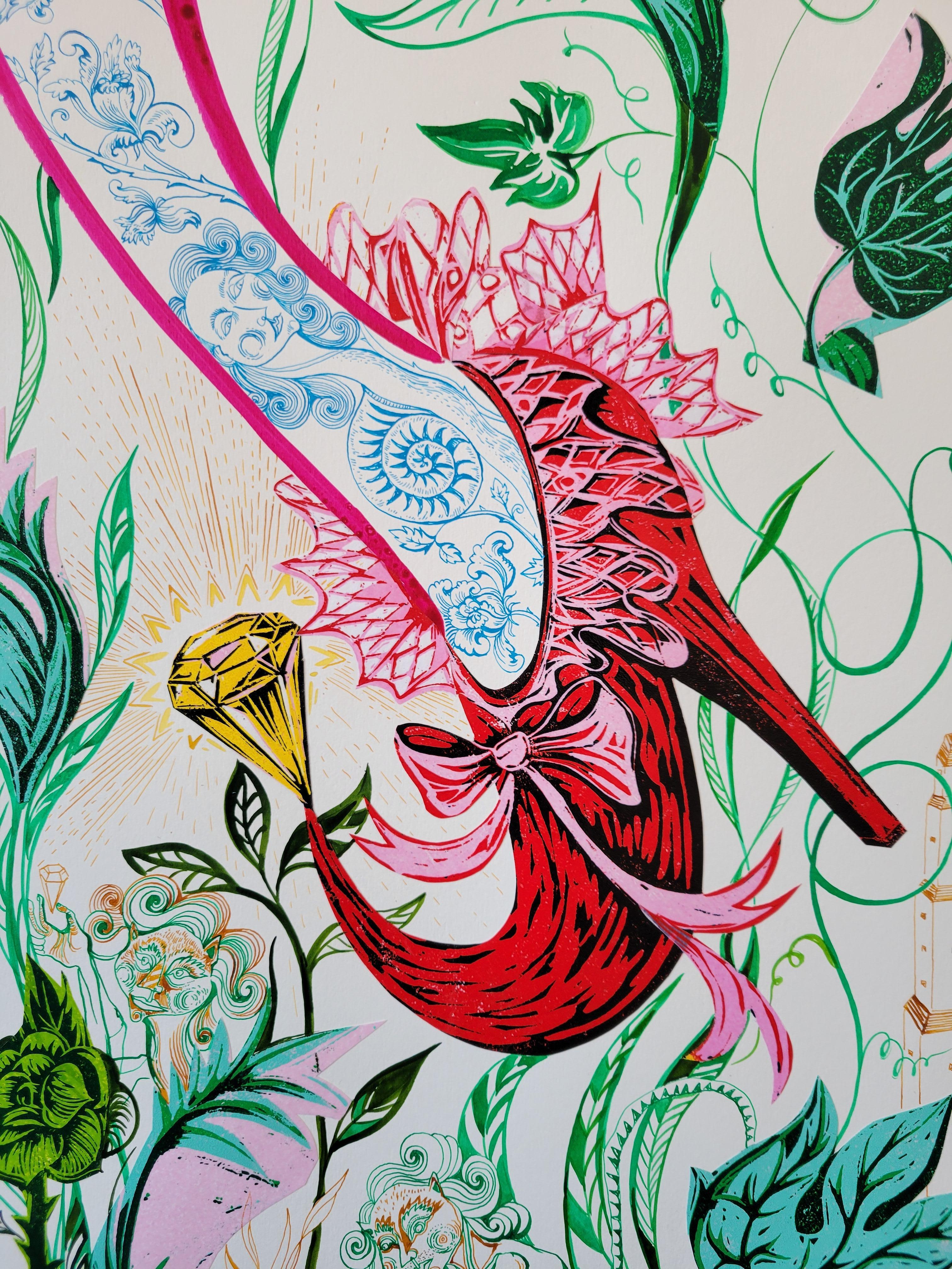 Stampa surrealista su legno Royal College of Art LGBTQ+ Donna Scarpe magiche rosse in vendita 2