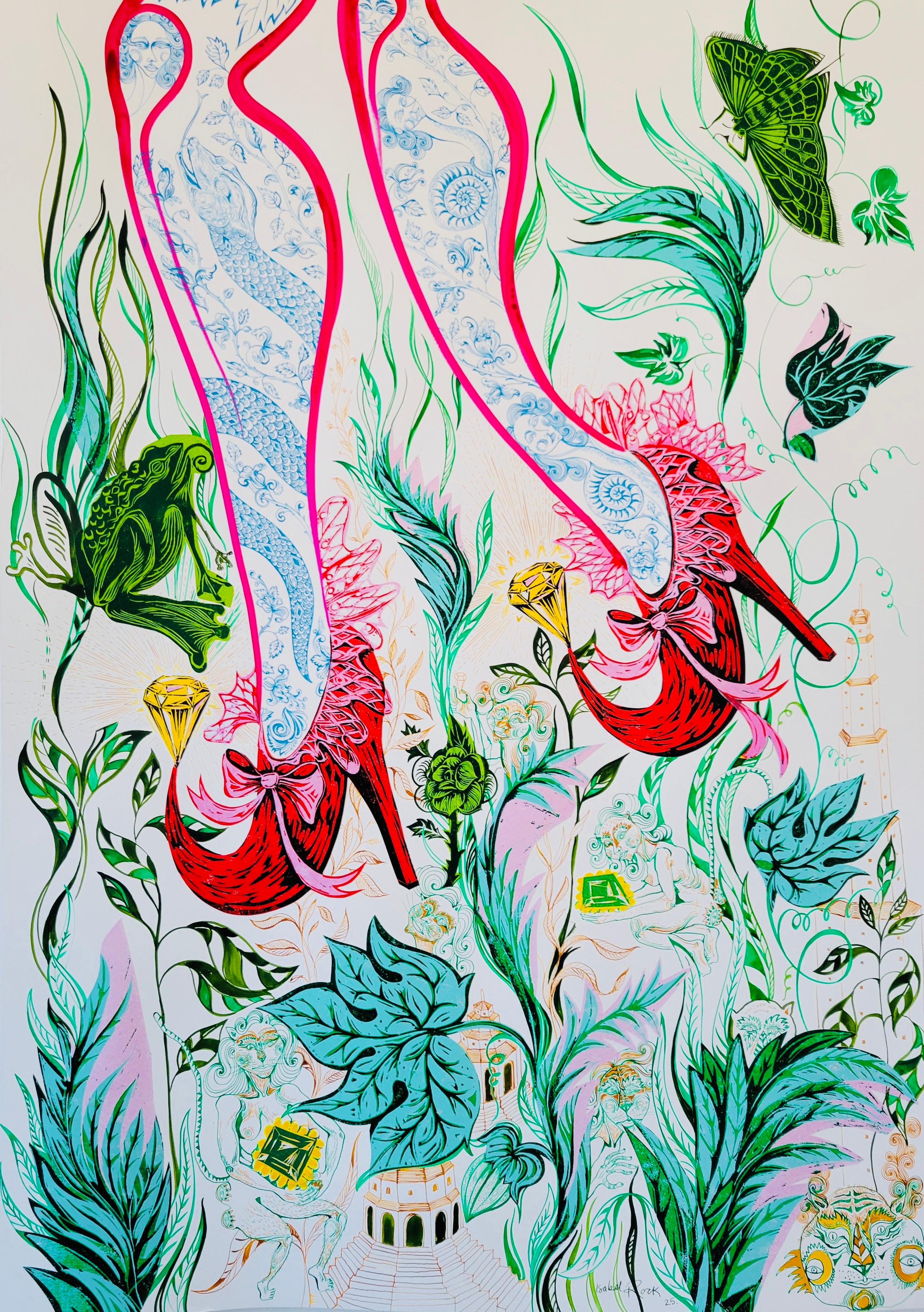 Stampa surrealista su legno Royal College of Art LGBTQ+ Donna Scarpe magiche rosse