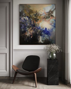 Abstract Expressionist Mixed Media Painting in Blue Ochre & Charcoal Tones Large