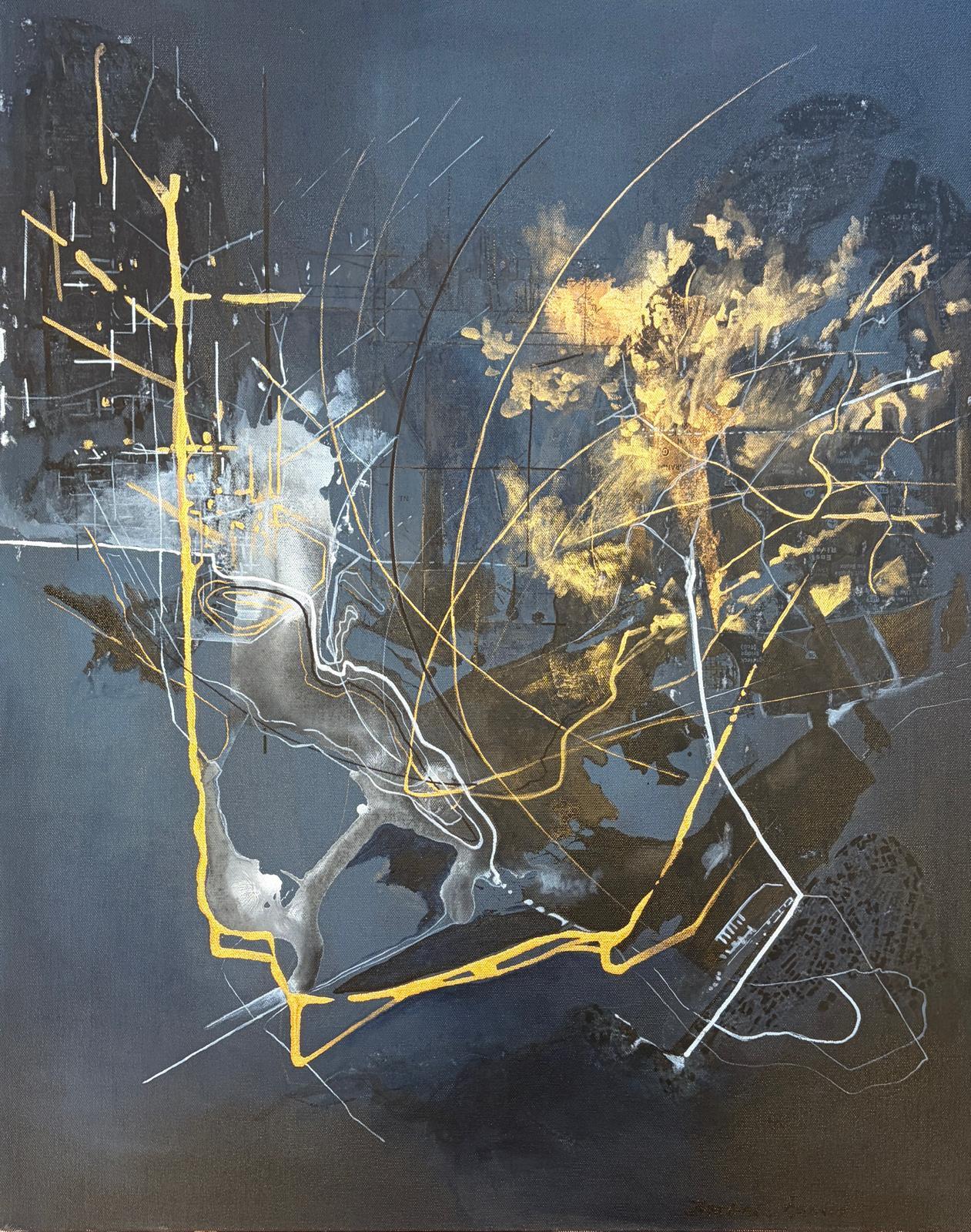 Abstract Mixed Media IIDyptique Panel with Charcoal Blue and Gold Linear Mapping
