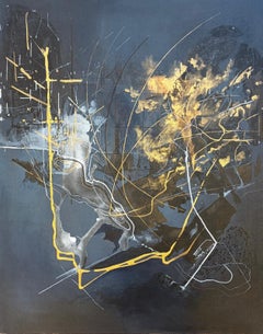 Abstract Mixed Media IIDyptique Panel with Charcoal Blue and Gold Linear Mapping