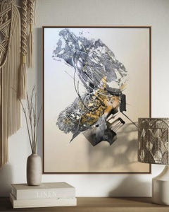 Abstract Mixed Media Map Study in Grey, Ochre, and Black Contemporary Art