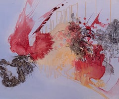 Contemporary Mixed Media Abstract Painting in Red, Ochre, and Neutral Tones