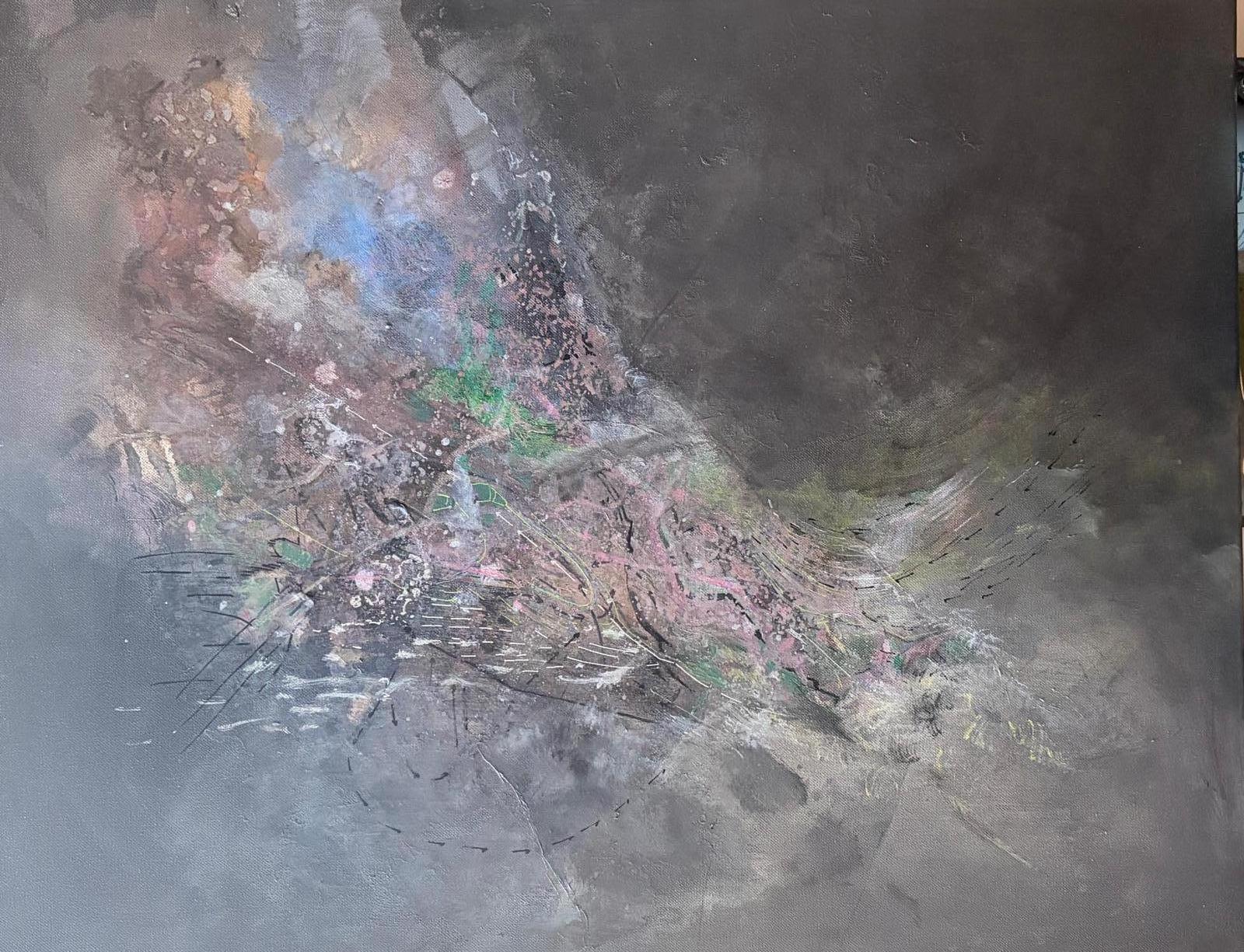 
Isabel Turbán layers paintings with transfers, acrylic, charcoal, and other mixed media onto canvas or paper. Her abstract paintings manifest memory, cultural experience, and political history. Turbán’s collection of maps, gathered from various