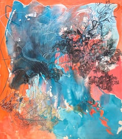 Isabel Turban Mixed Media Abstract Painting in Blue and Coral Tones