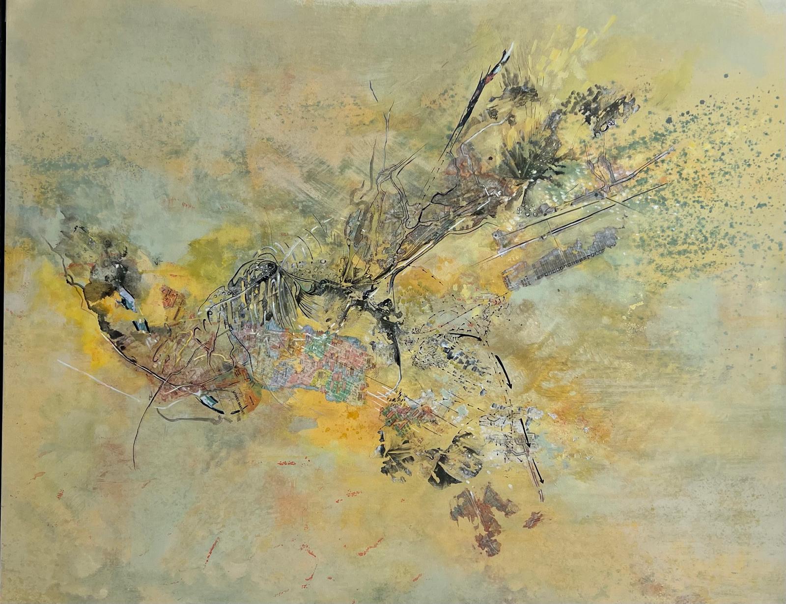 
Isabel Turbán layers paintings with transfers, acrylic, charcoal, and other mixed media onto canvas or paper. Her abstract paintings manifest memory, cultural experience, and political history. Turbán’s collection of maps, gathered from various