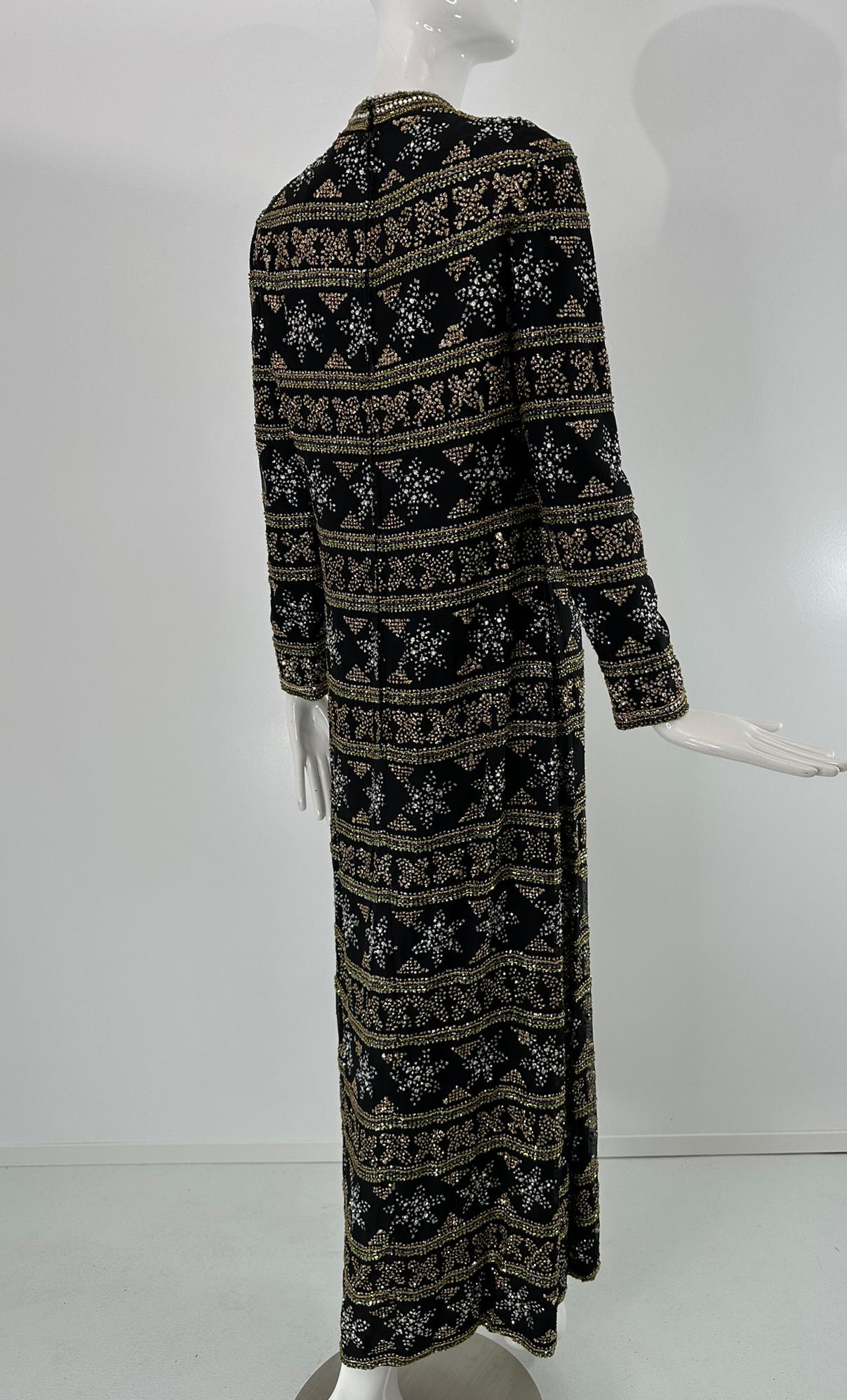 Isabell Gerhart Schwarz Seide Kristall Strass Gold Perlen Abendkleid 1970s im Angebot 6