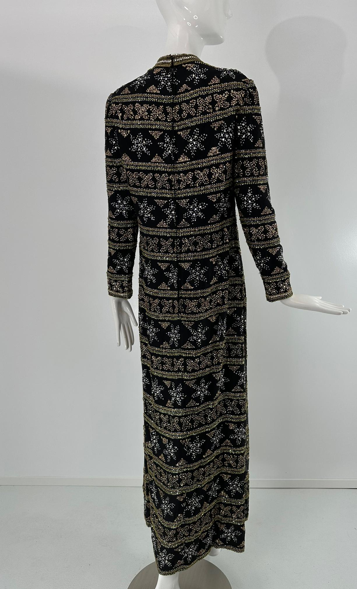 Isabell Gerhart Schwarz Seide Kristall Strass Gold Perlen Abendkleid 1970s im Angebot 7