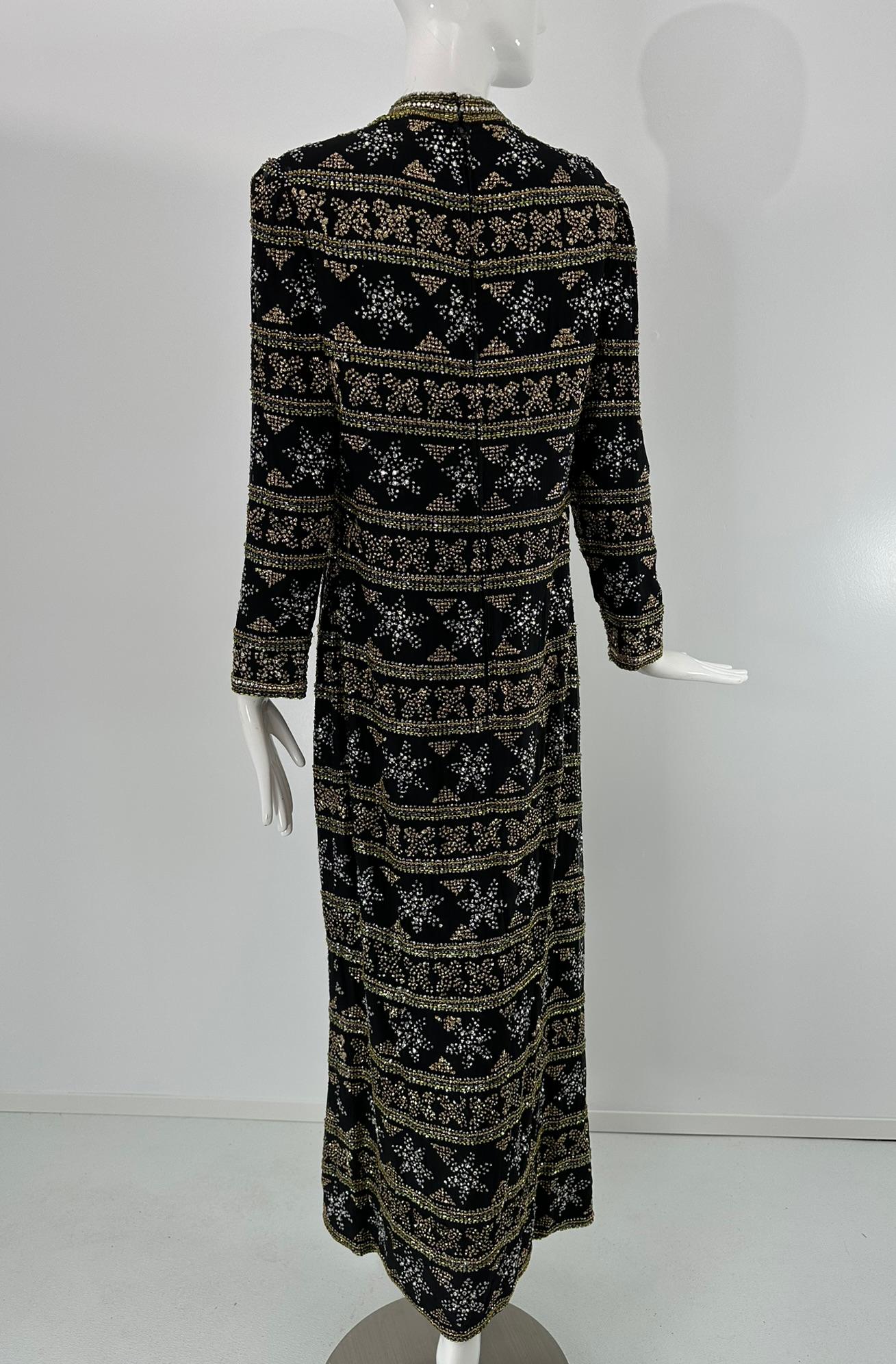 Isabell Gerhart Schwarz Seide Kristall Strass Gold Perlen Abendkleid 1970s im Angebot 8