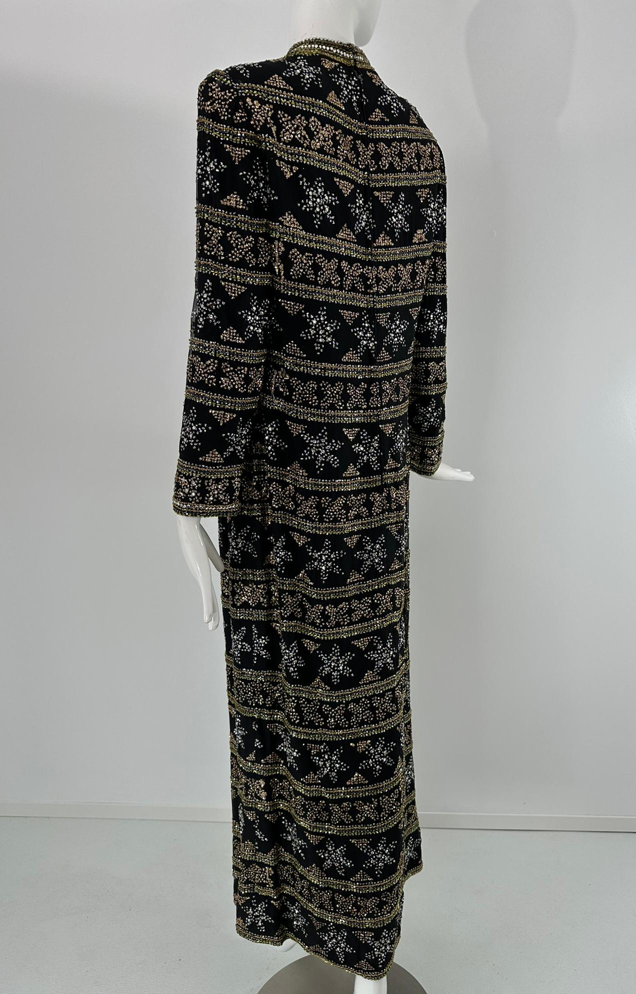 Isabell Gerhart Schwarz Seide Kristall Strass Gold Perlen Abendkleid 1970s im Angebot 9