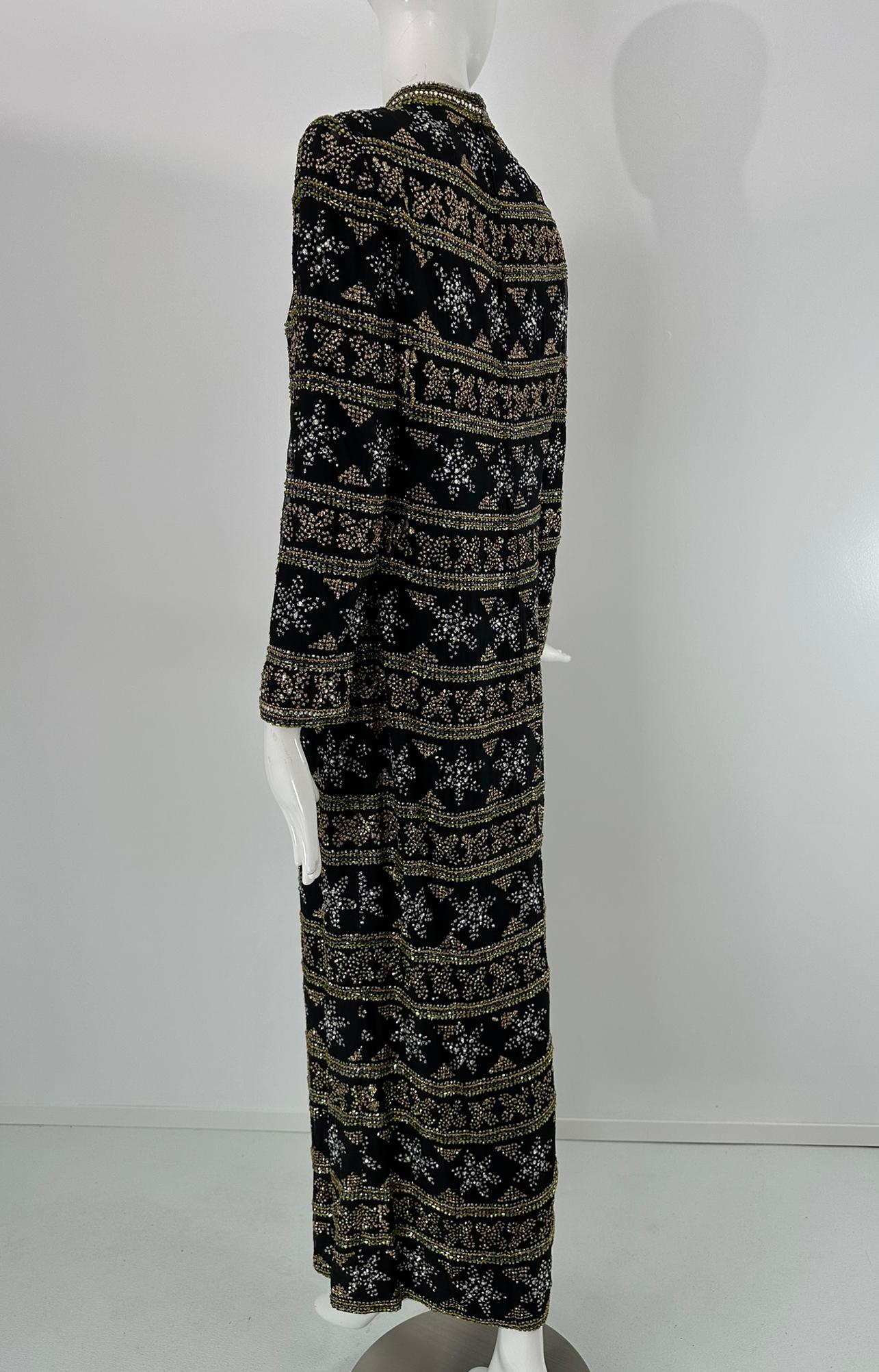 Isabell Gerhart Schwarz Seide Kristall Strass Gold Perlen Abendkleid 1970s im Angebot 10