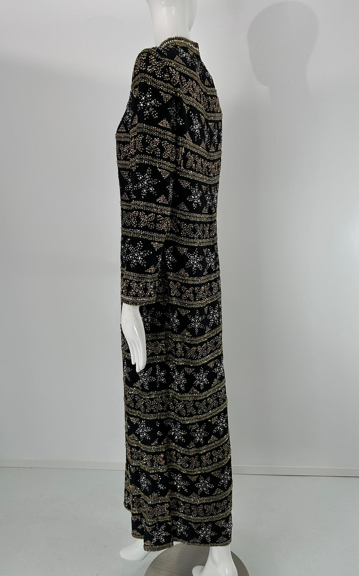 Isabell Gerhart Schwarz Seide Kristall Strass Gold Perlen Abendkleid 1970s im Angebot 11