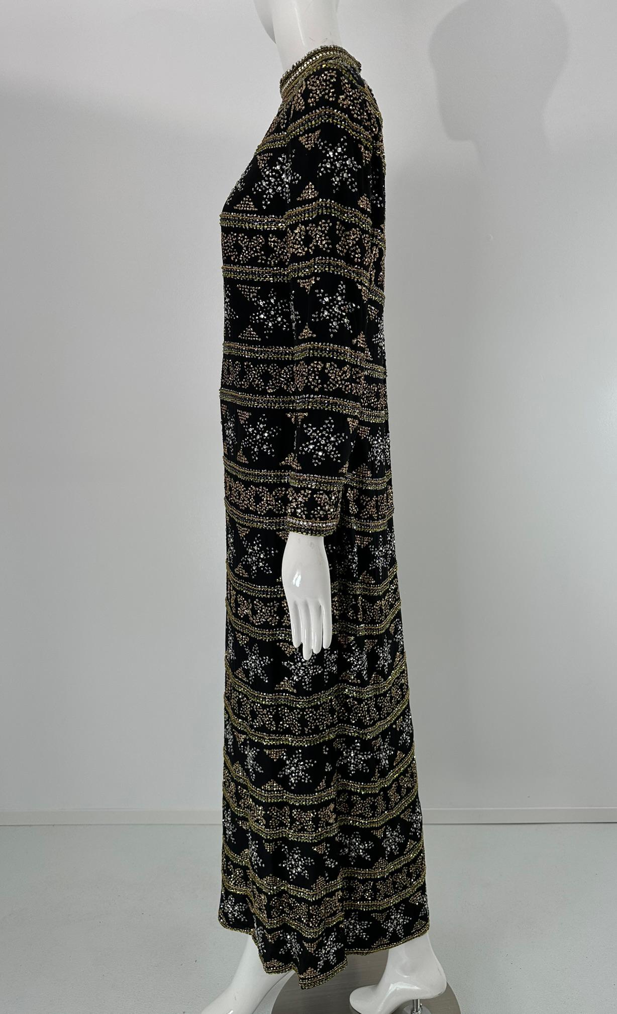 Isabell Gerhart Schwarz Seide Kristall Strass Gold Perlen Abendkleid 1970s im Angebot 12