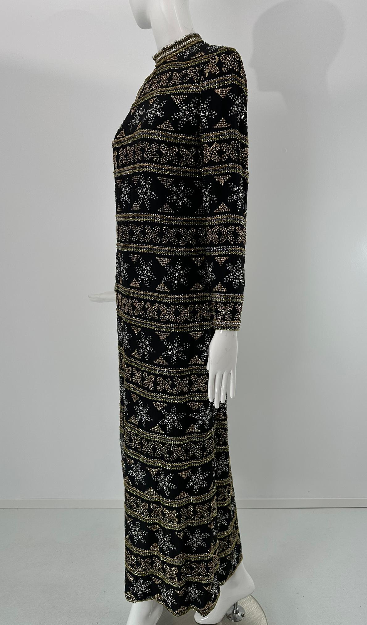 Isabell Gerhart Schwarz Seide Kristall Strass Gold Perlen Abendkleid 1970s im Angebot 13