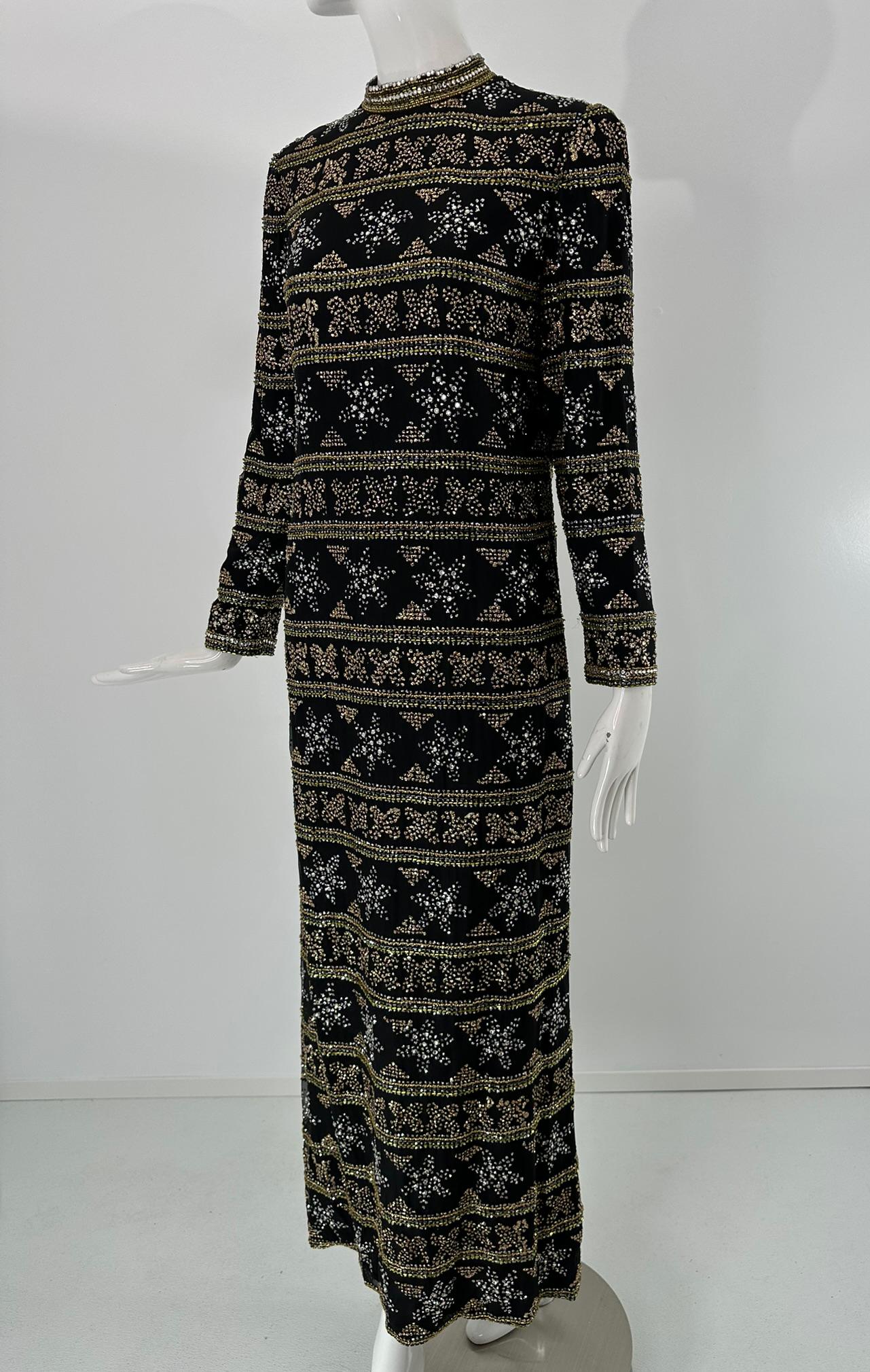 Isabell Gerhart Schwarz Seide Kristall Strass Gold Perlen Abendkleid 1970s im Angebot 14