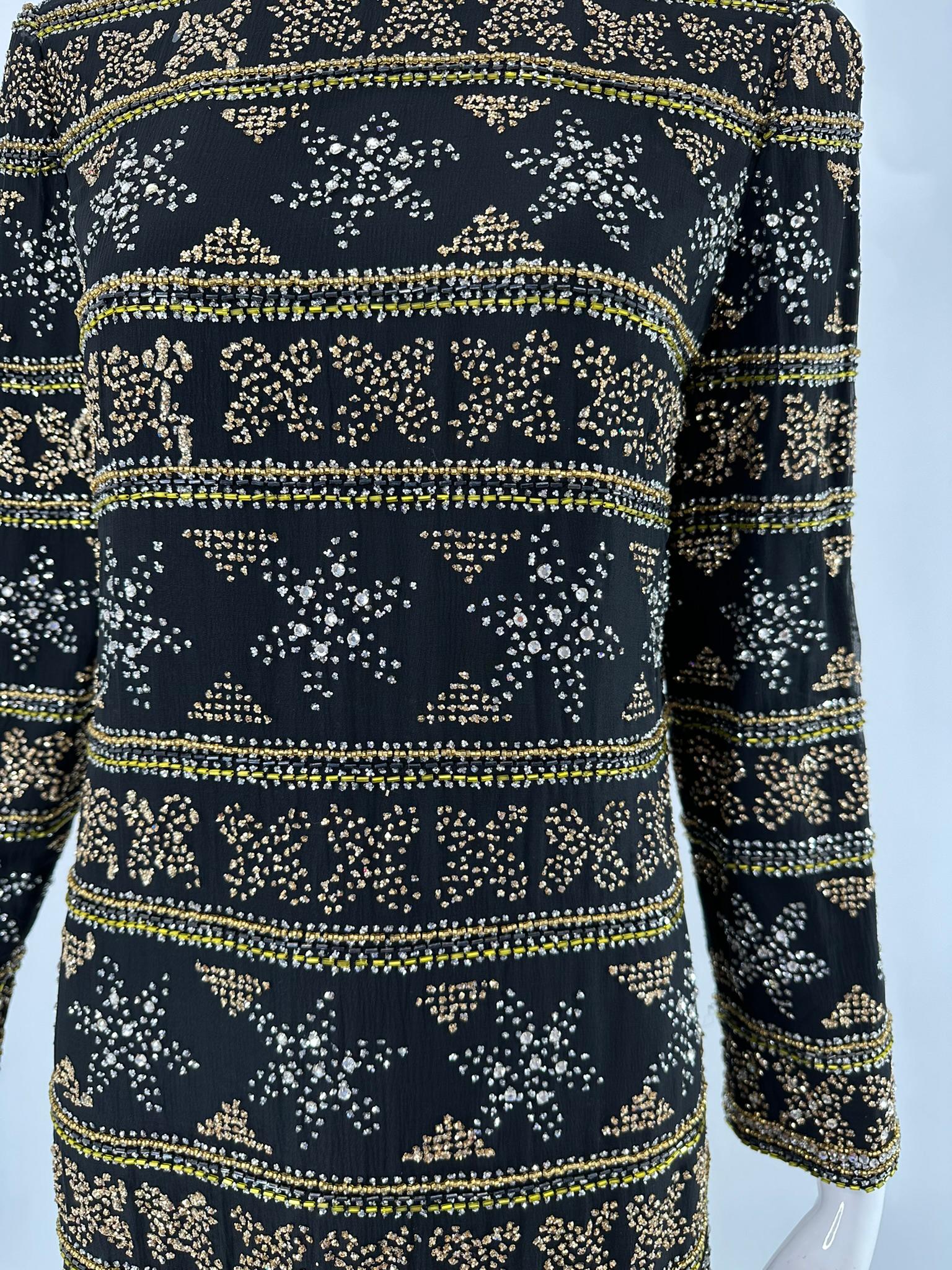 Isabell Gerhart Schwarz Seide Kristall Strass Gold Perlen Abendkleid 1970s im Angebot 15