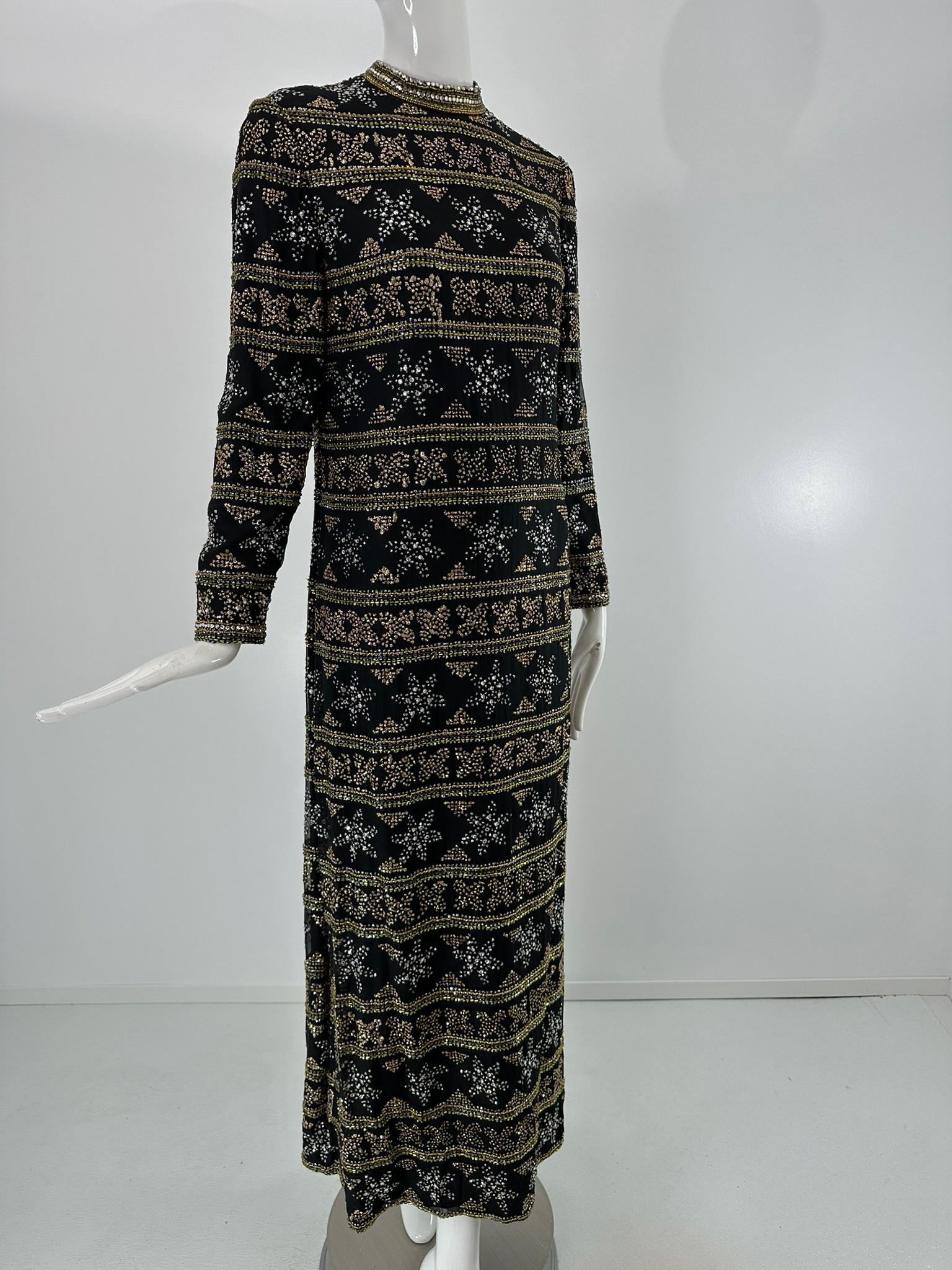 Isabell Gerhart Schwarz Seide Kristall Strass Gold Perlen Abendkleid 1970s im Zustand „Gut“ im Angebot in West Palm Beach, FL