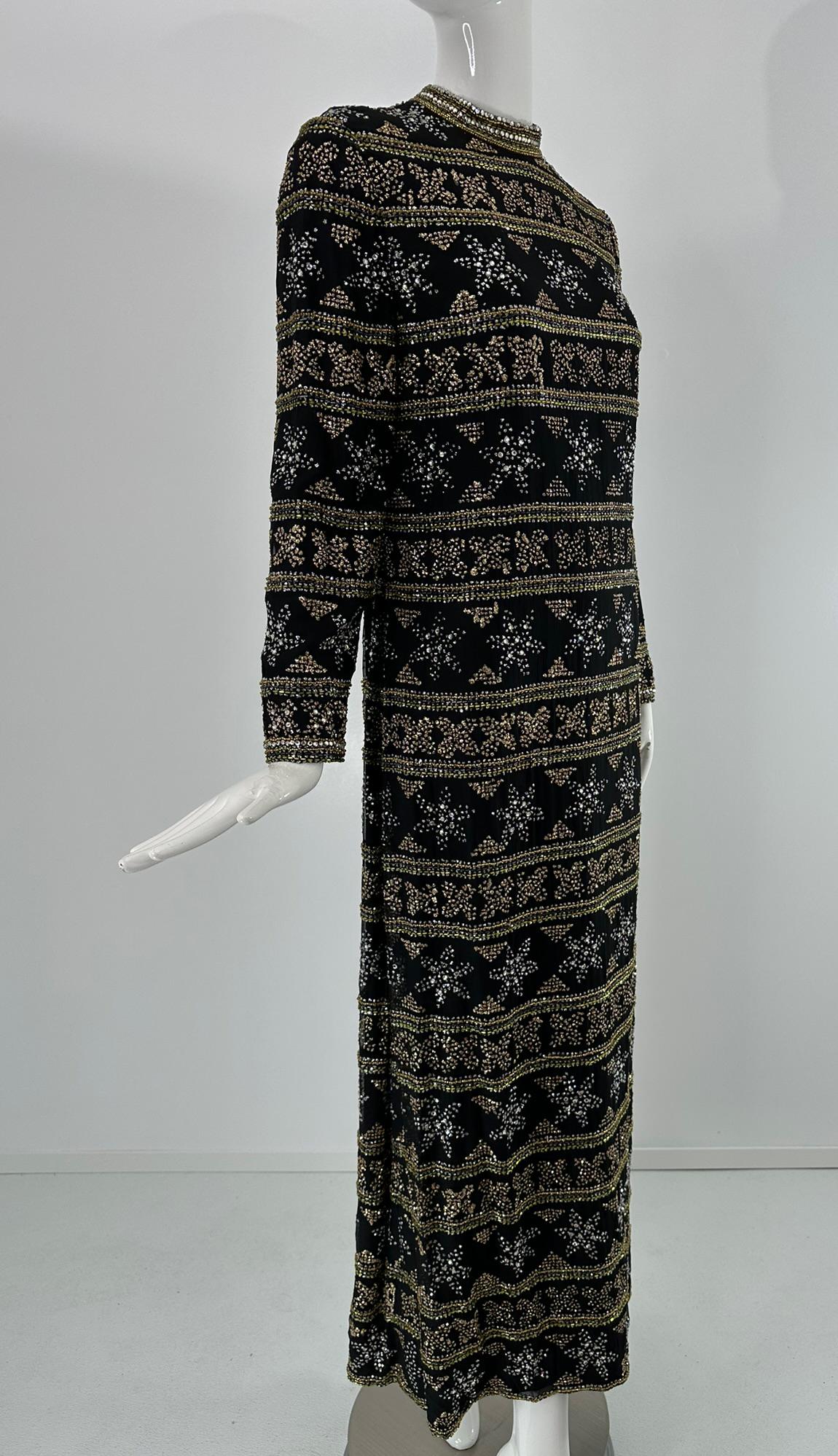 Isabell Gerhart Schwarz Seide Kristall Strass Gold Perlen Abendkleid 1970s für Damen oder Herren im Angebot