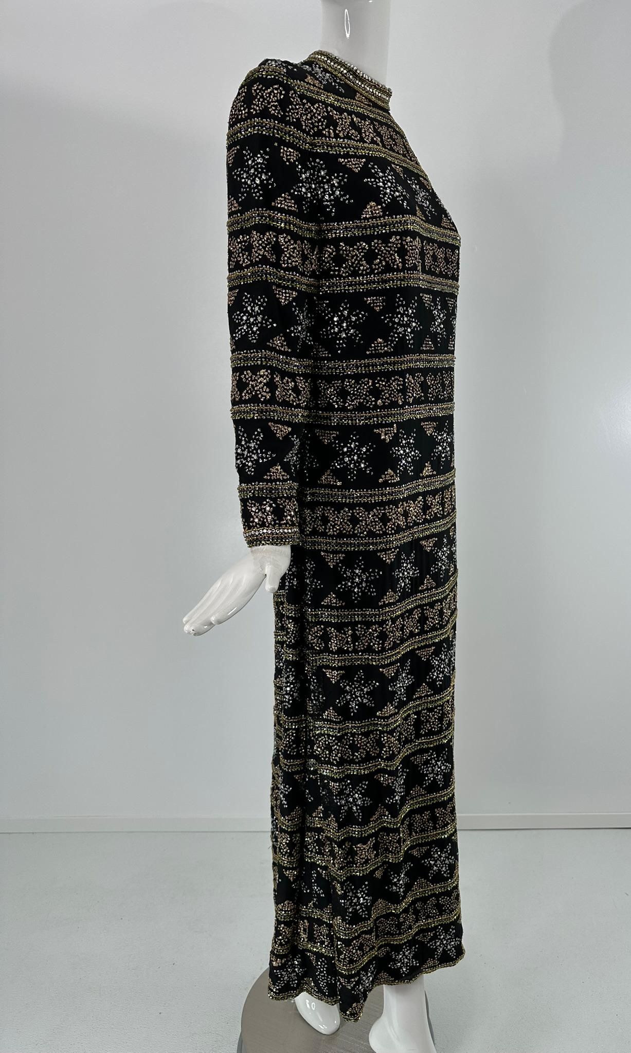 Isabell Gerhart Schwarz Seide Kristall Strass Gold Perlen Abendkleid 1970s im Angebot 1