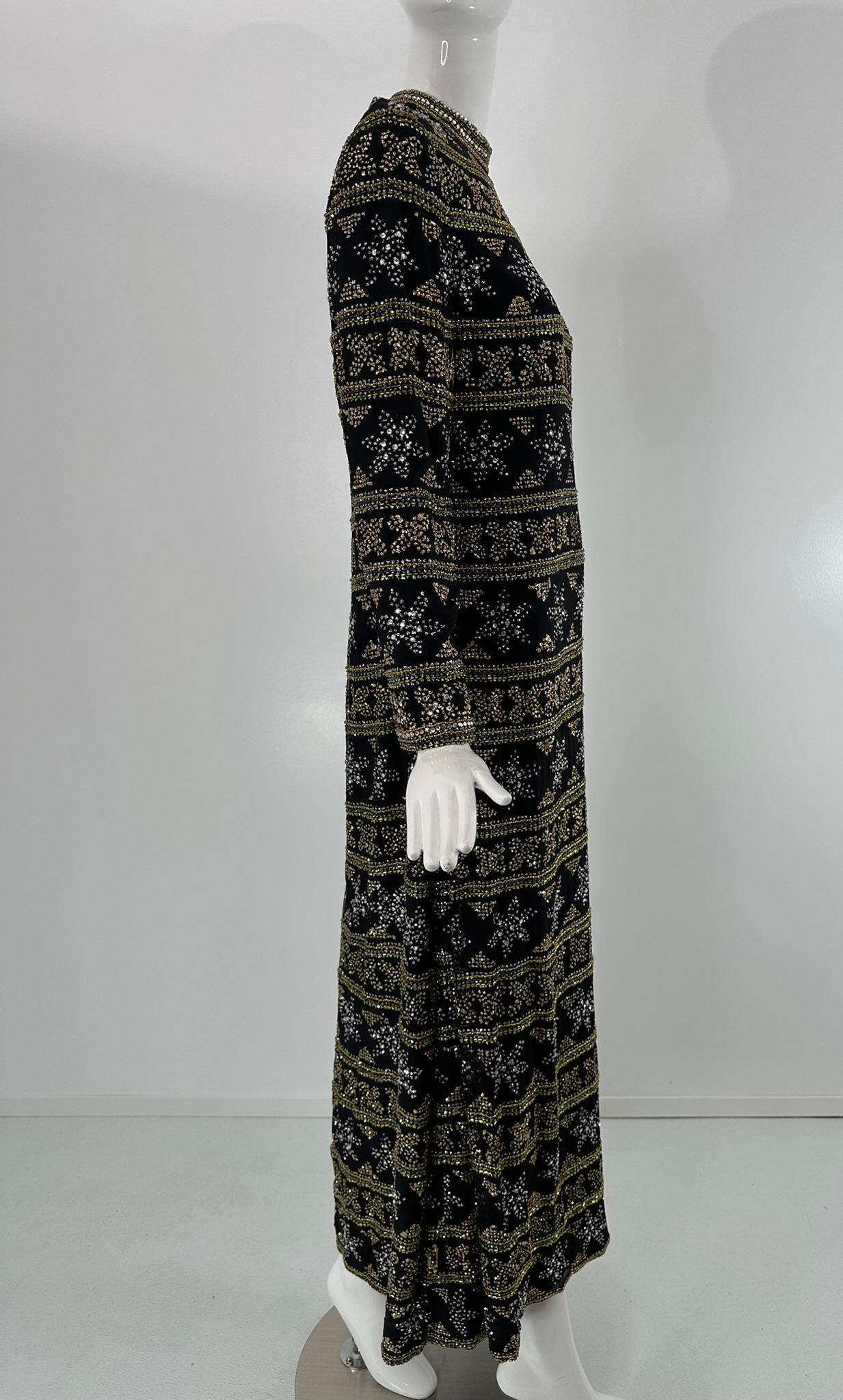 Isabell Gerhart Schwarz Seide Kristall Strass Gold Perlen Abendkleid 1970s im Angebot 2