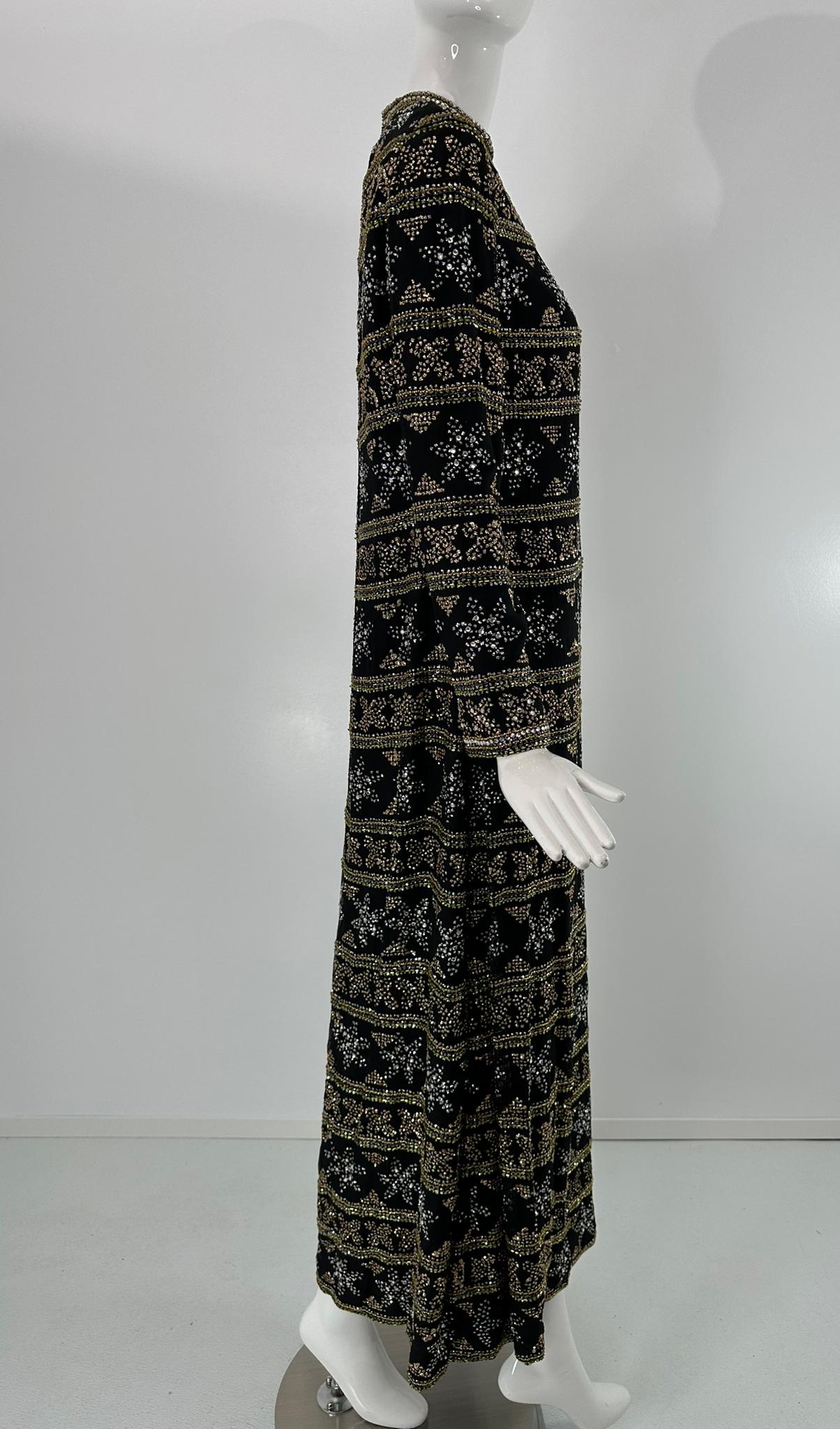 Isabell Gerhart Schwarz Seide Kristall Strass Gold Perlen Abendkleid 1970s im Angebot 3