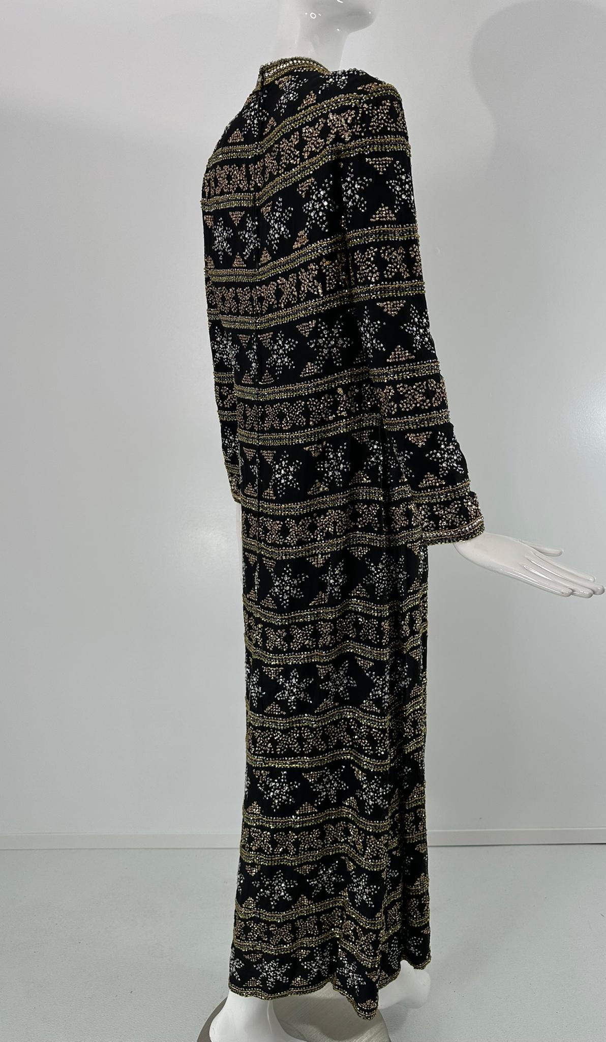 Isabell Gerhart Schwarz Seide Kristall Strass Gold Perlen Abendkleid 1970s im Angebot 5