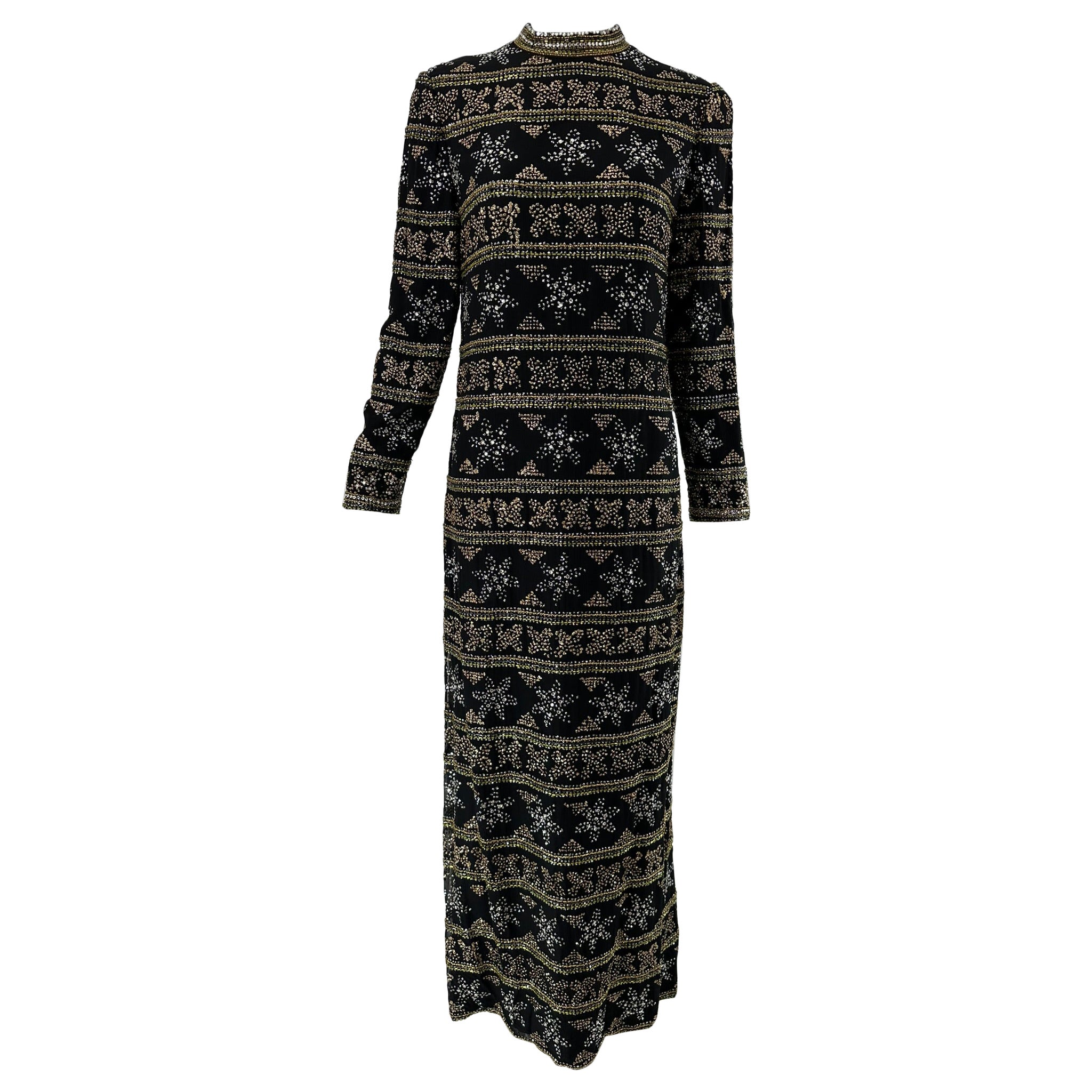 Isabell Gerhart Schwarz Seide Kristall Strass Gold Perlen Abendkleid 1970s im Angebot