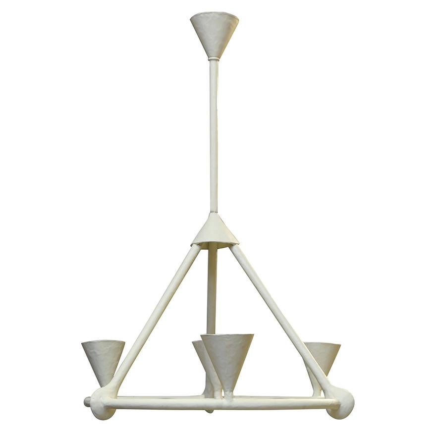 Plaster wrapped metal frame chandelier with 4 conical uplighters.
One in stock UK Wired 

Handcrafted product. Surface finish and colour will vary in each piece. Colour cannot be truly represented on screen.

H110 x Ring Ø 80cm (widest part from cup
