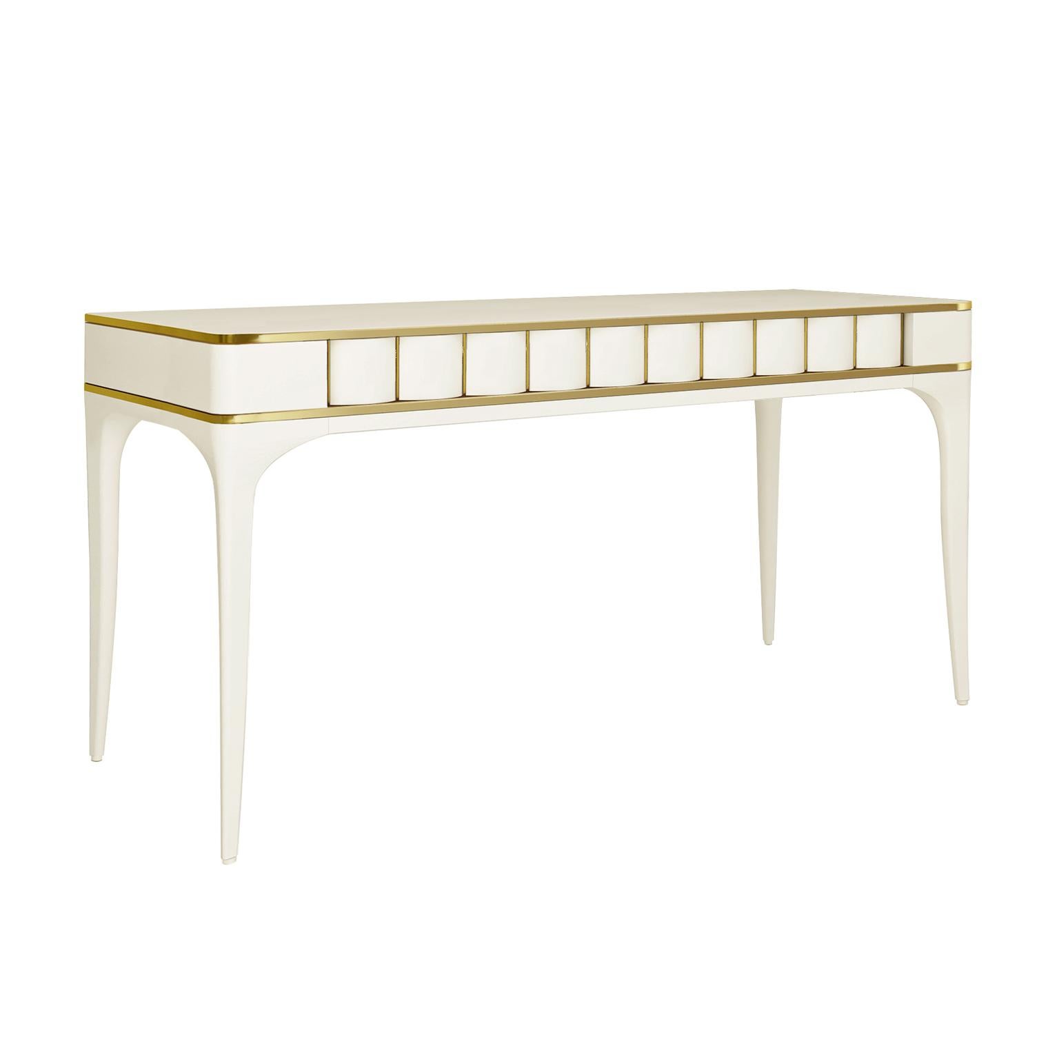 Designed by IC and beautifully crafted by Italian artisans, the Duilio desk features a ribbed drawer and stylish legs. The brass, or powder coated metal, details and stunning design will bring elegance and sophistication to any space of your