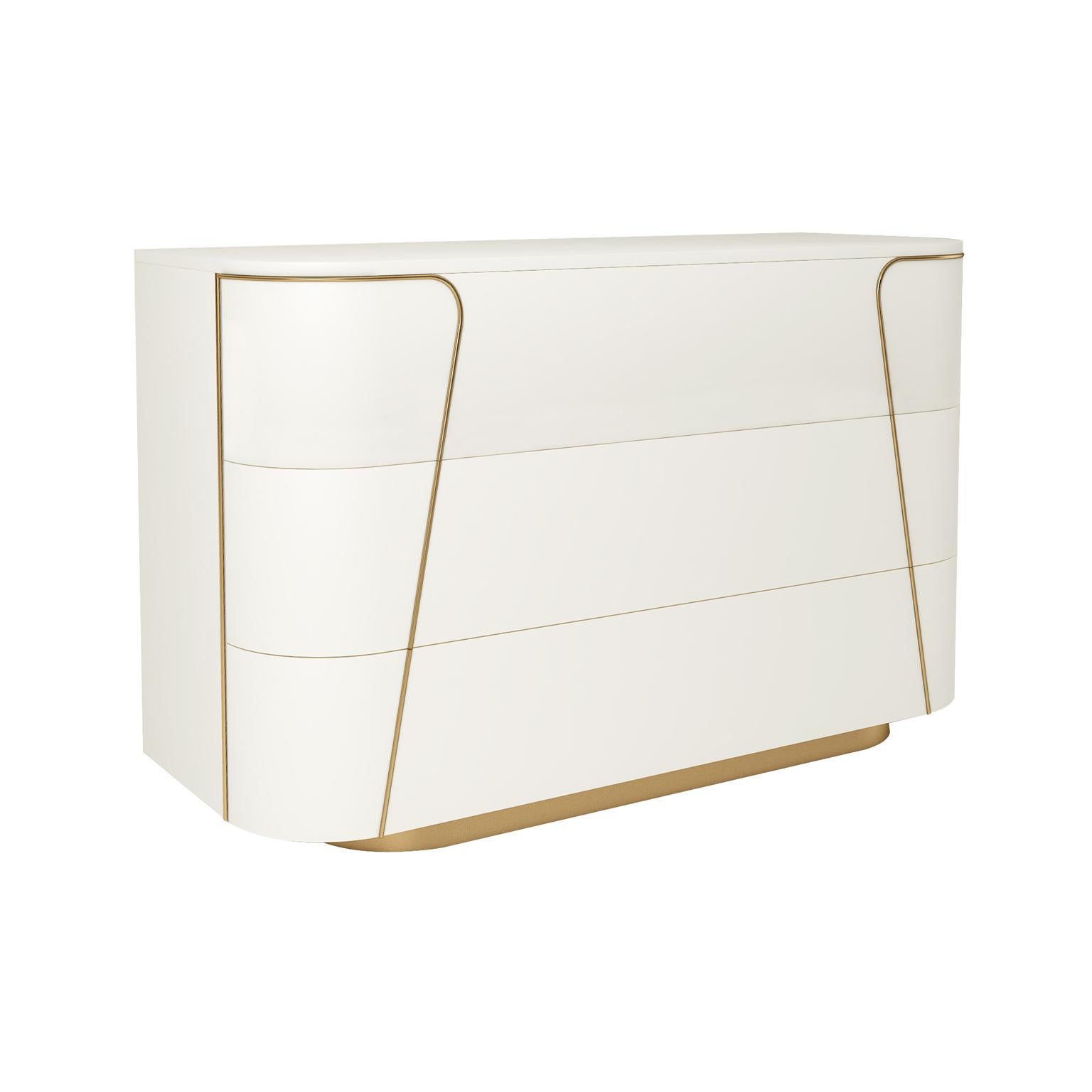 Designed by IC and realized by expert Italian artisans, the Gemma dresser features rounded corners and three large drawers. The sinuous lines are accented with brass or powder coated metal details. This contemporary functional design will bring