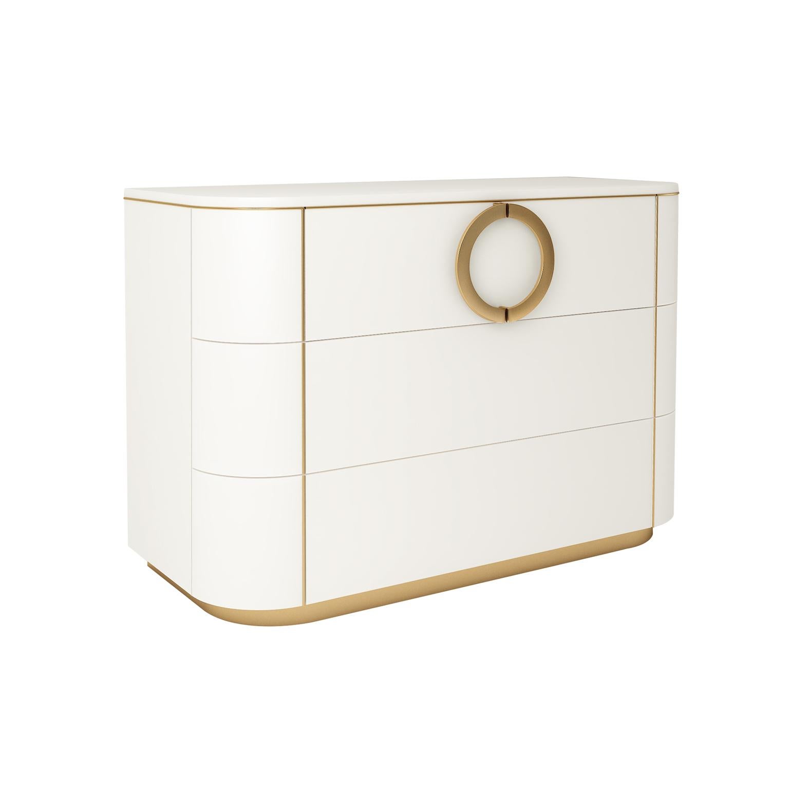 Designed by IC and realized by expert Italian artisans, the Maddalena dresser features three spacious drawers and sinuous lines which are elegantly enriched with brass, or powder coated metal, handles and profiles.
The plinth base is a