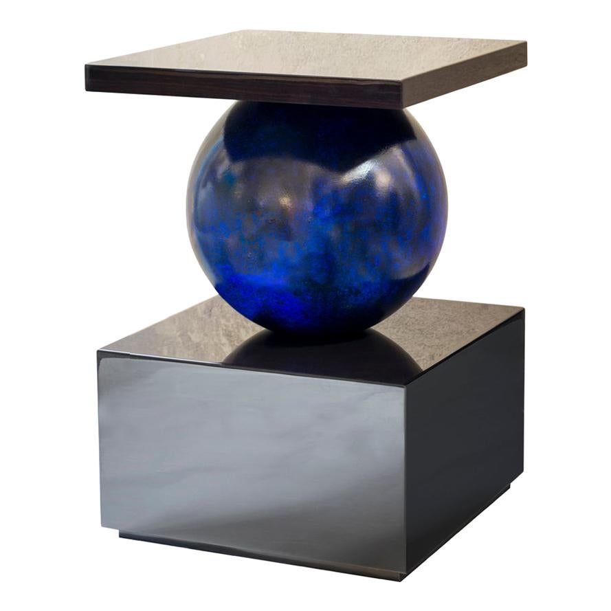 Isabella Costantini, Italy, Odilia Side Table, Lapis Blue and Dark Oak Glossy For Sale
