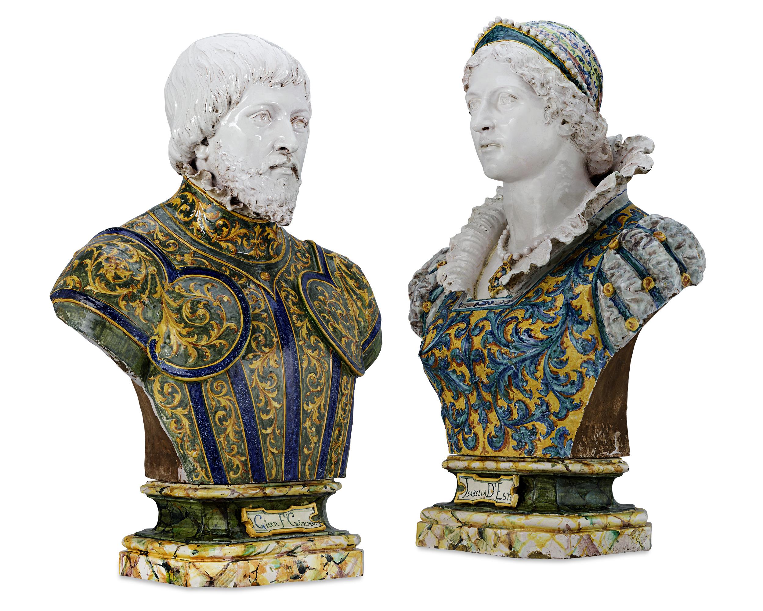 These two busts, monumental in both their size and artistry, come from the renowned Italian majolica workshop of the famed Angelo Minghetti. Depicted are the Renaissance political and cultural leaders Marquess and Marchioness of Mantua, Francesco II