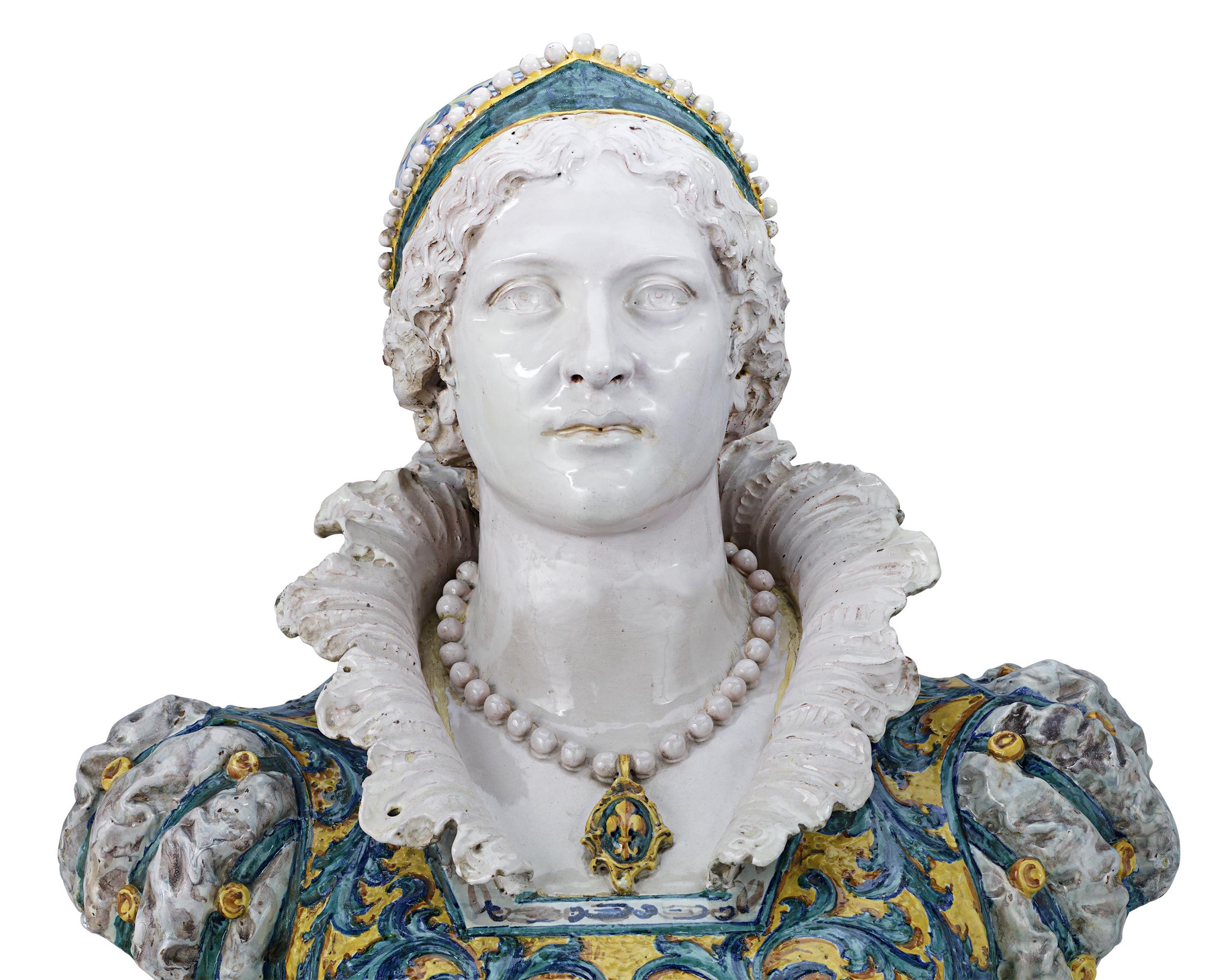italien Bustes en majolique Isabella d'Este et Francesco II de Gonzaga par Angelo en vente