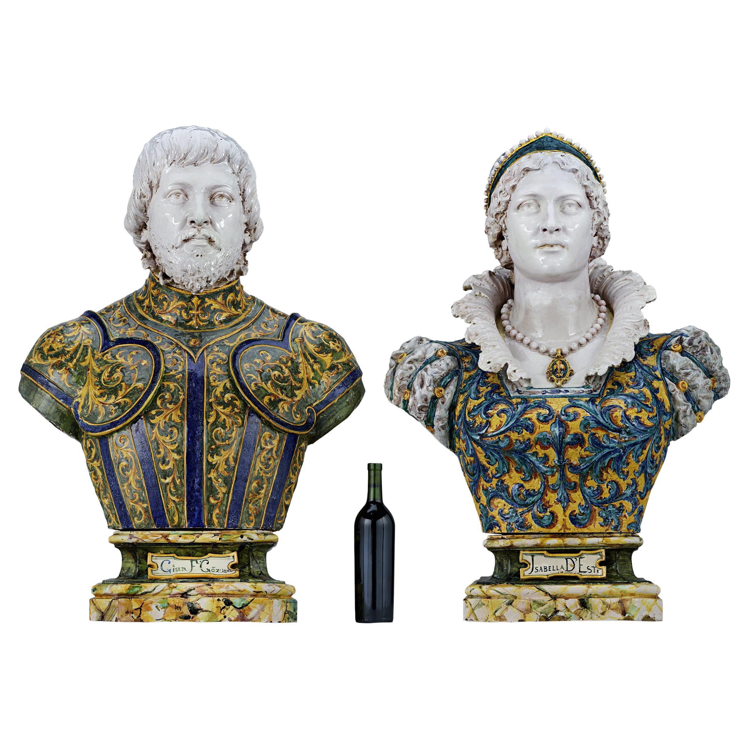 Isabella d'Este and Francesco II Gonzaga Majolica Busts by Angelo For Sale