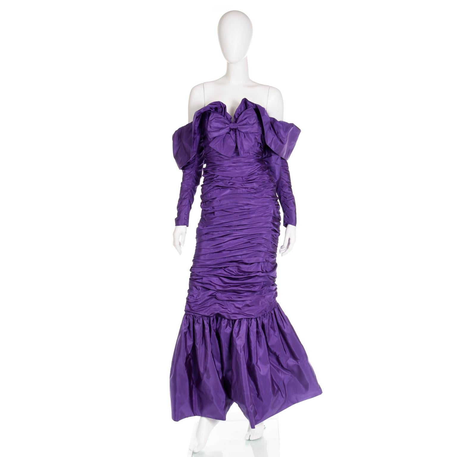 Isabelle Allard 1980s Vintage Dress Ruched Purple Evening Gown In Good Condition For Sale In Portland, OR