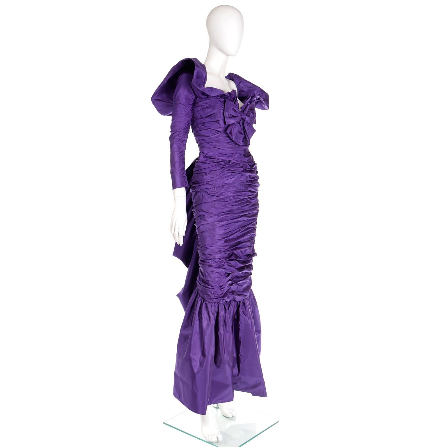 Women's Isabelle Allard 1980s Vintage Dress Ruched Purple Evening Gown For Sale