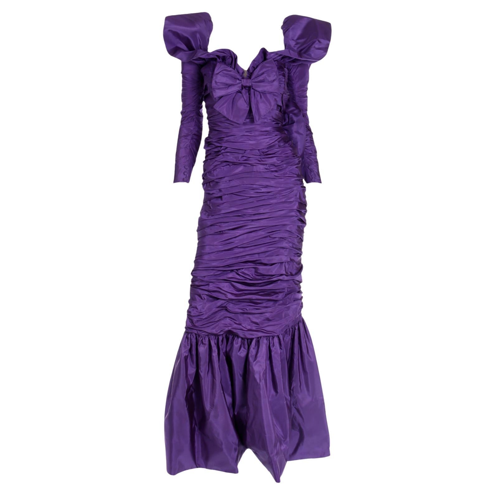 Isabelle Allard 1980s Vintage Dress Ruched Purple Evening Gown For Sale