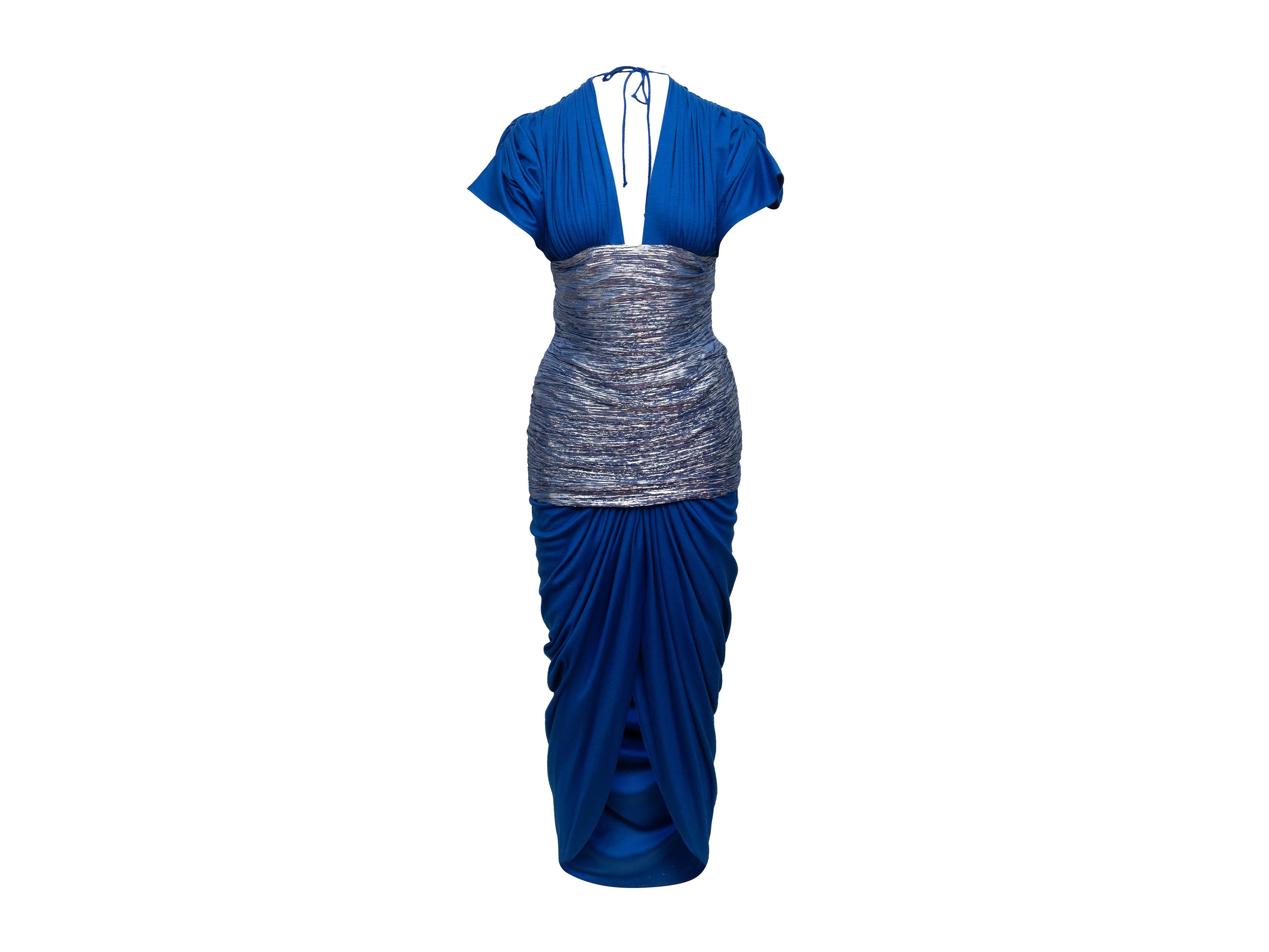 Product details: Vintage blue and silver ruched dress by Isabelle Allard. Plunging neckline. Cap sleeves. Zip and tie closures at back. 30