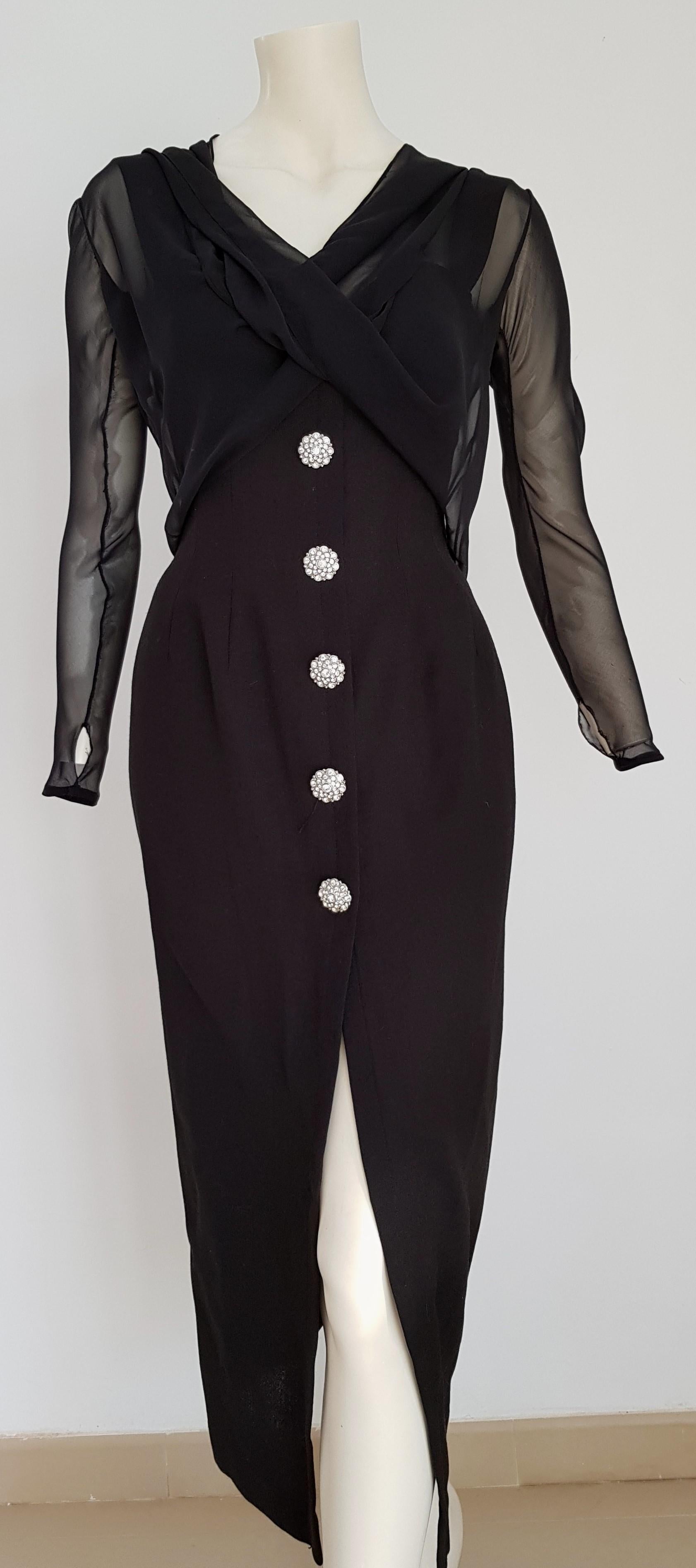 Isabelle ALLARD Paris, six swarovski buttons, chiffon blouse as top, silk wool black dress - Created in the Couture atelier of the Rue Saint Honoré Paris - Unworn, New.

Isabelle ALLARD is a Paris brand that created only haute couture and selling to