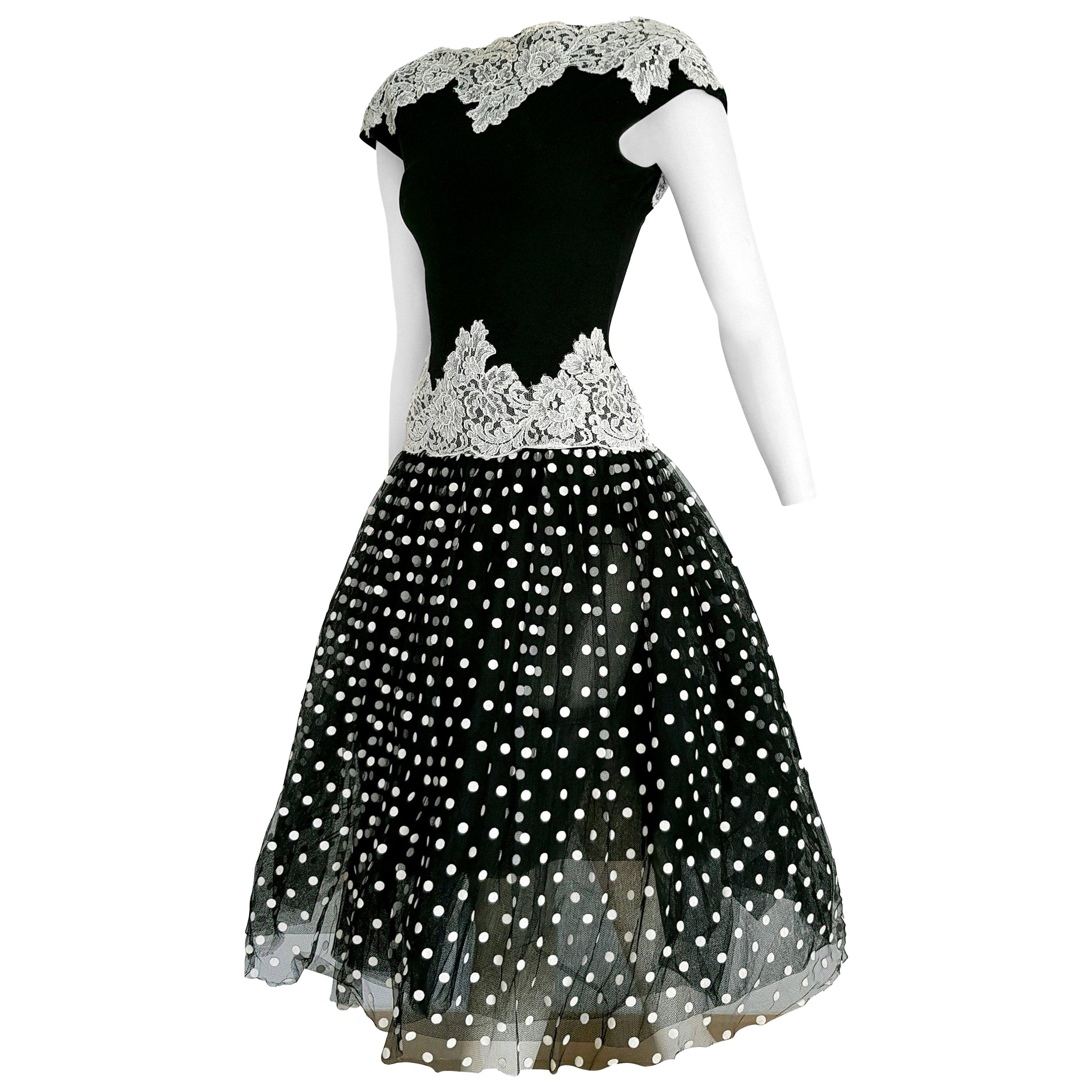 Isabelle ALLARD Paris black plumetis fabric, white polka dots, shoulders back and waist lace, black silk cotton wool dress - Unworn, New.

Isabelle ALLARD is a fashion designer that created only haute couture and selling to international customers