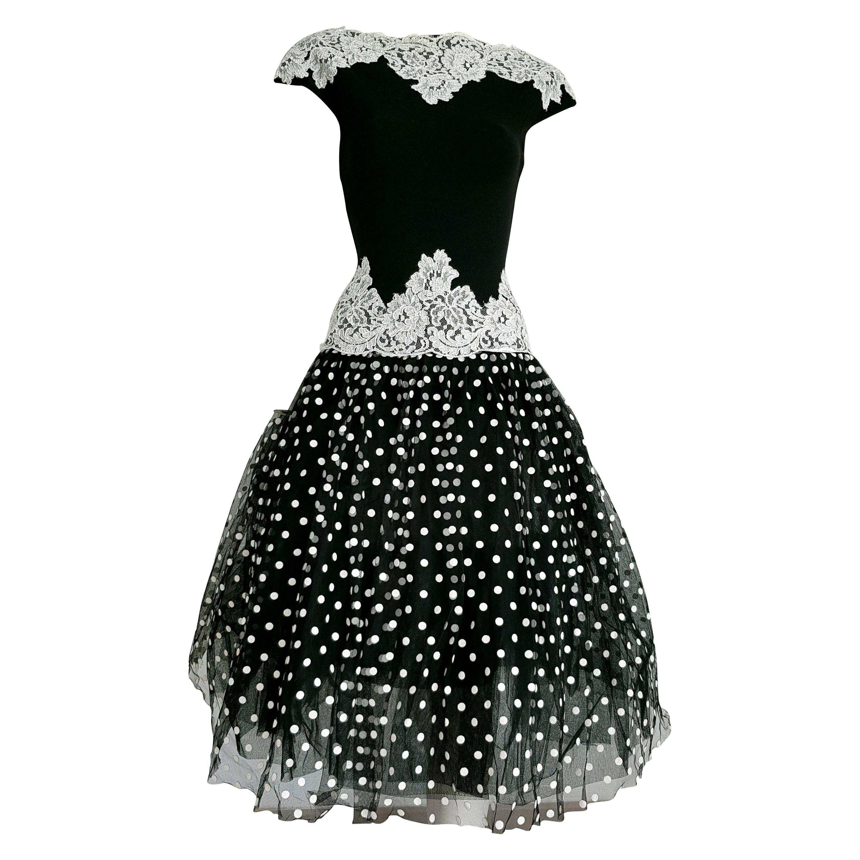 Isabelle ALLARD Paris "New" Polka Dots Waist Lace Black Silk Wool Dress - Unworn For Sale