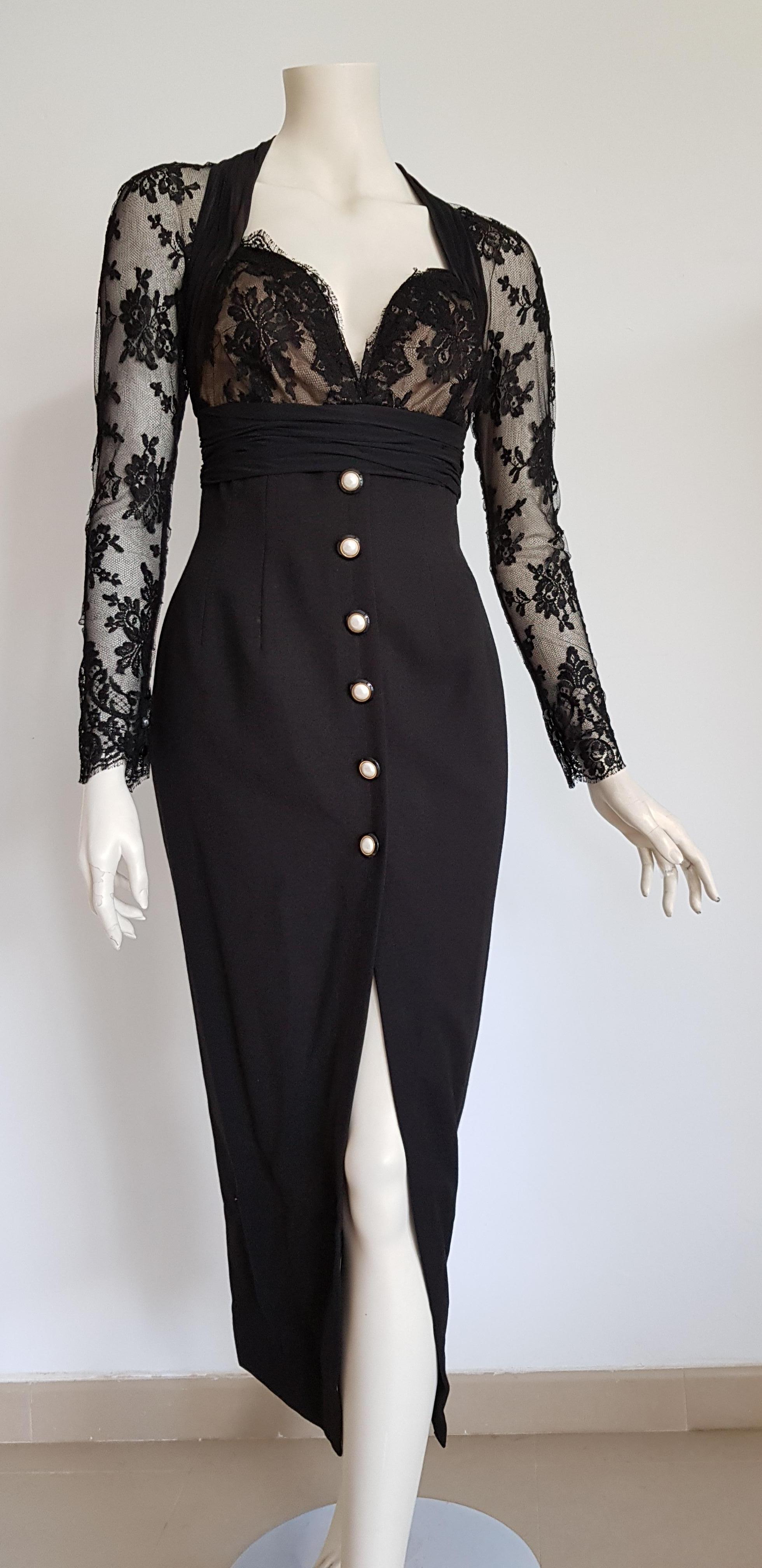 Isabelle ALLARD Paris sleeves chest shoulders lace, 6 front pearl buttons, silk wool black dress - Unworn, New.

Isabelle ALLARD is a fashion designer who created only haute couture and selling to international customers too. It did not produce