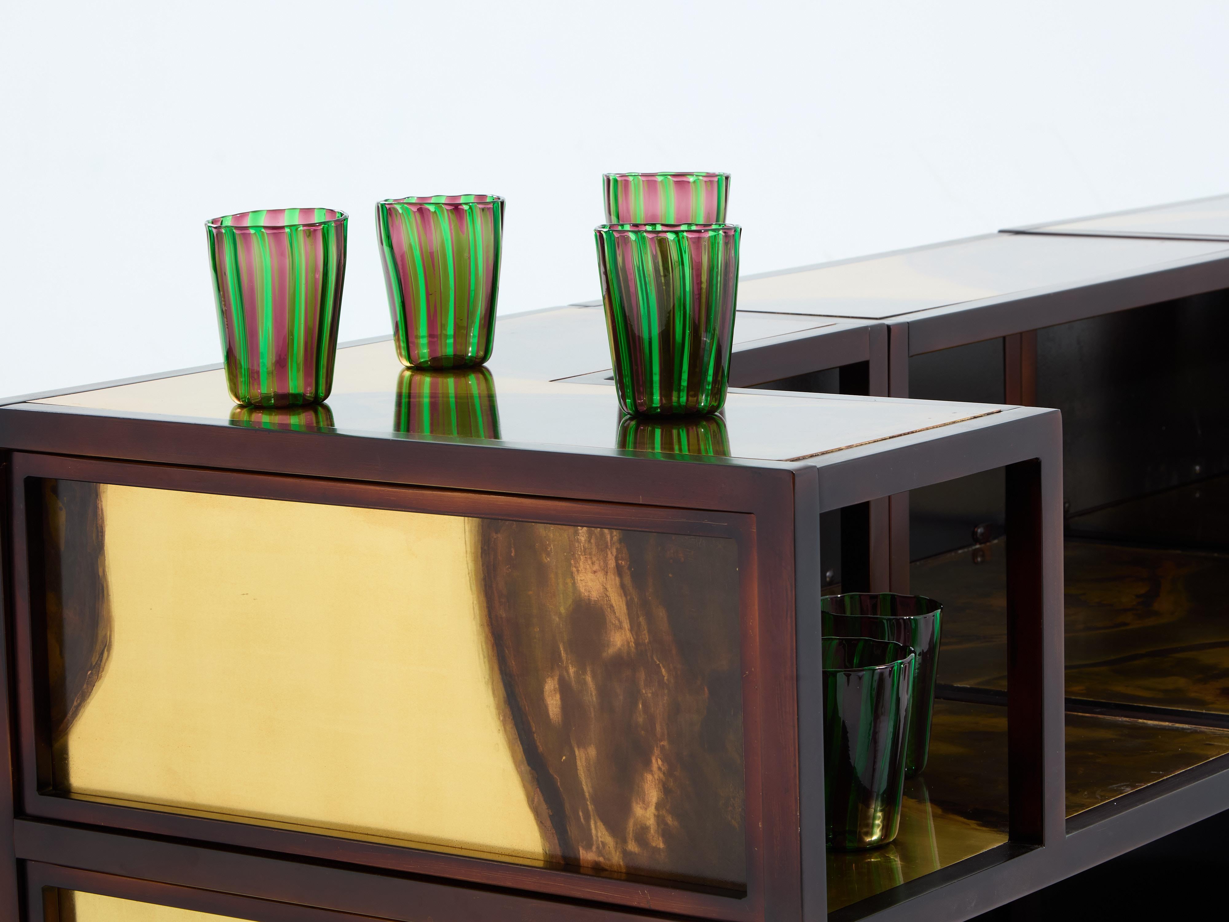 Isabelle and Richard Faure oxidized brass bar cabinet counters 1970s For Sale 3
