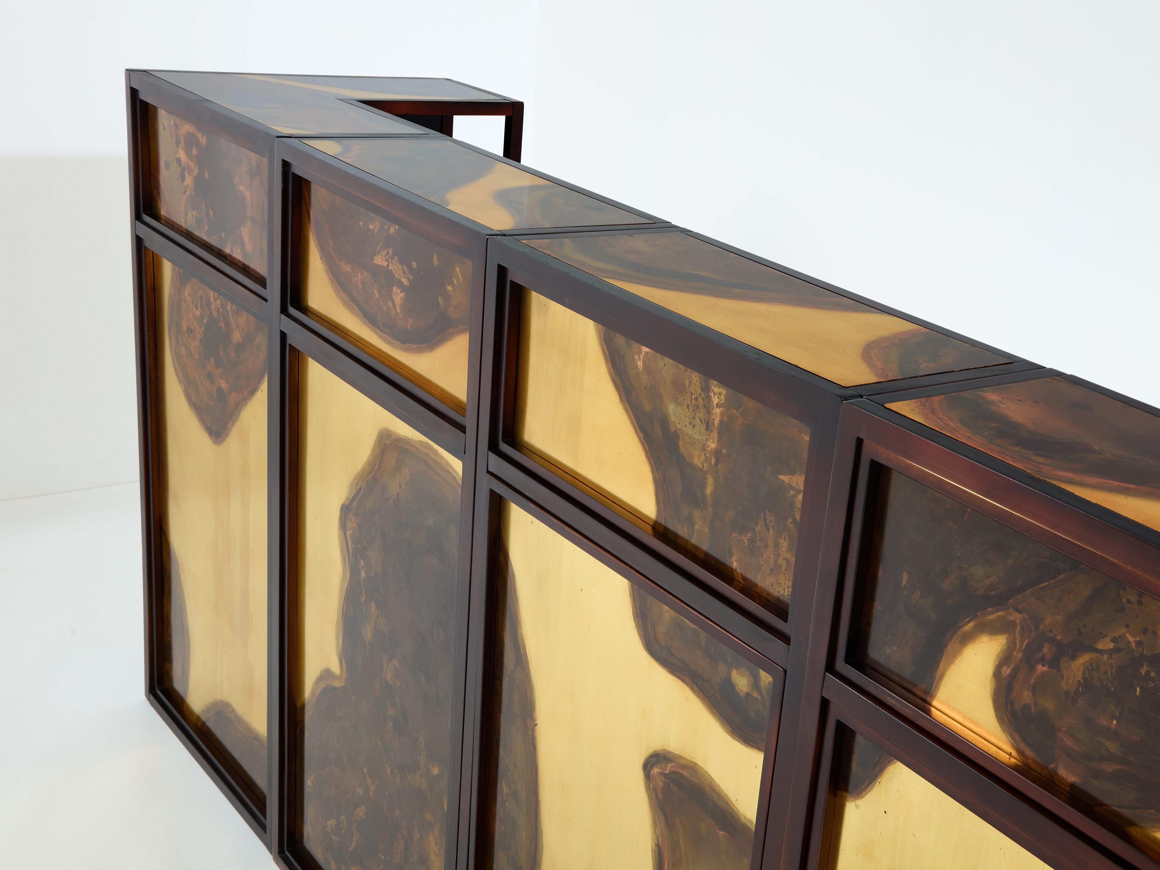 Isabelle and Richard Faure oxidized brass bar cabinet counters 1970s For Sale 7