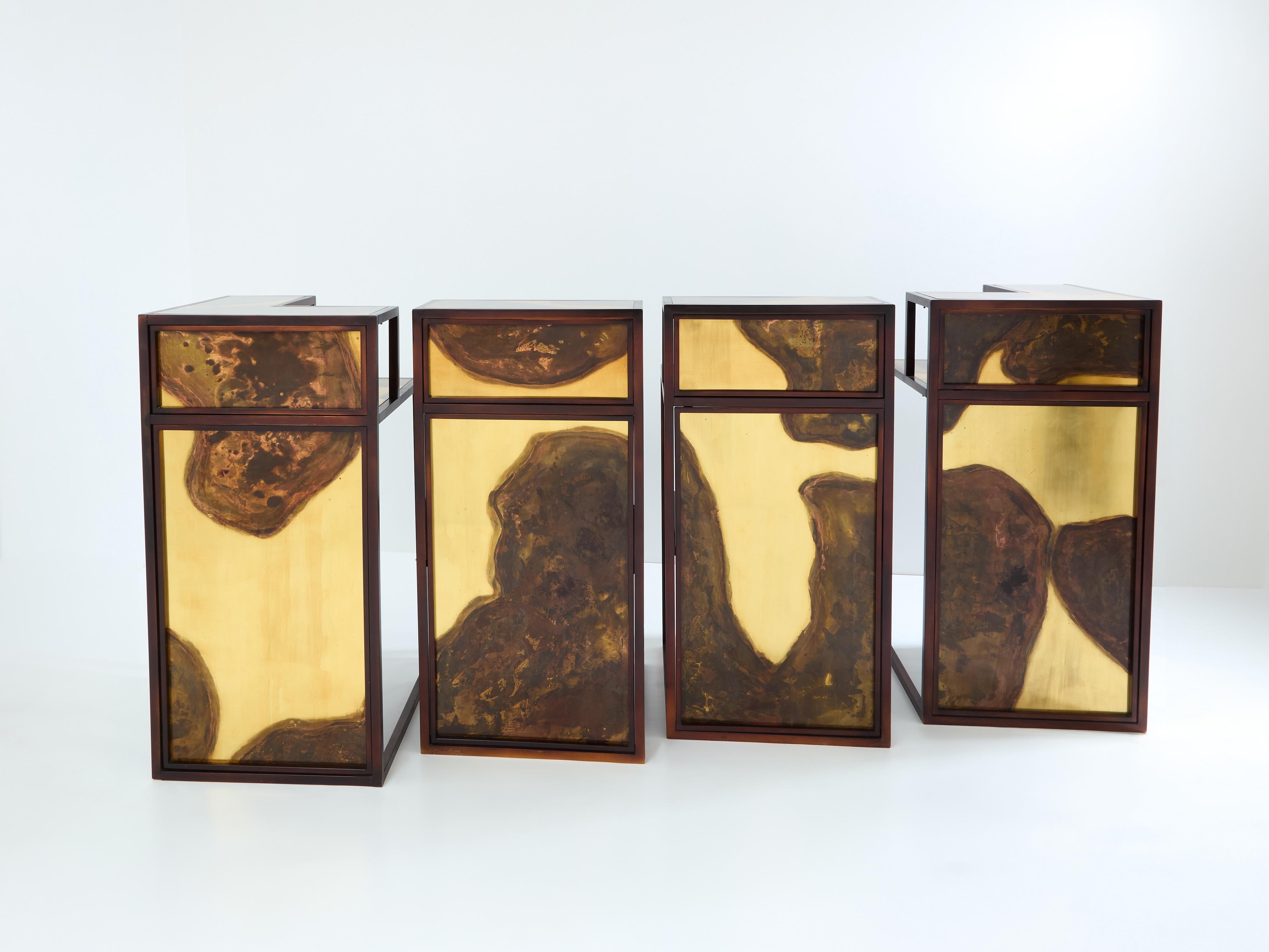 Mid-Century Modern Isabelle and Richard Faure oxidized brass bar cabinet counters 1970s For Sale
