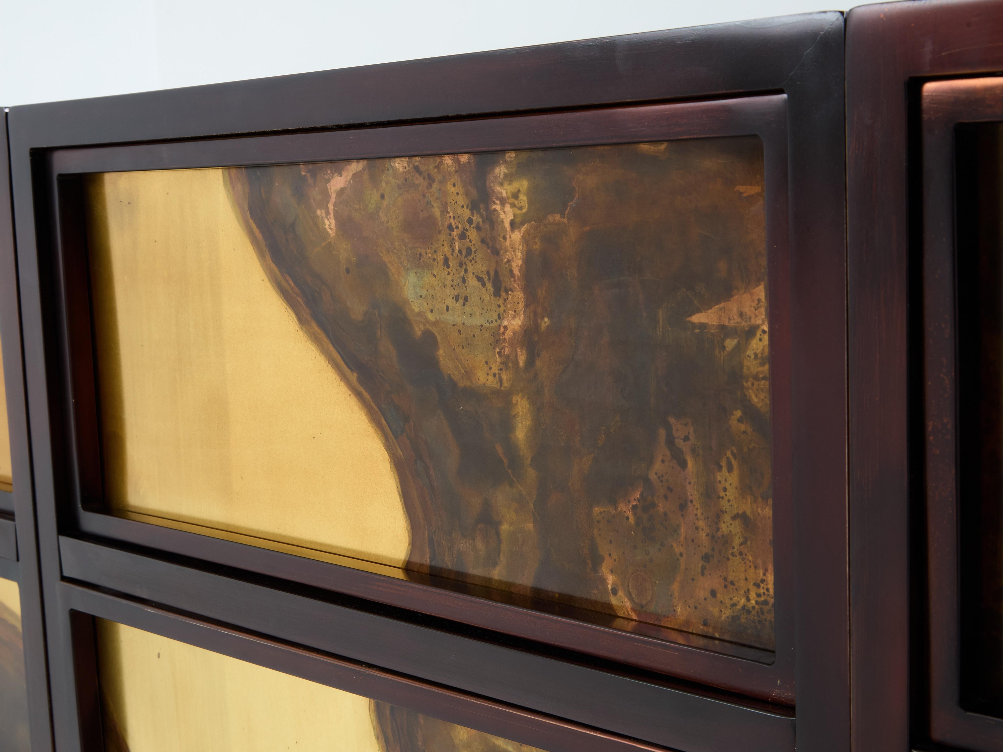 French Isabelle and Richard Faure oxidized brass bar cabinet counters 1970s For Sale