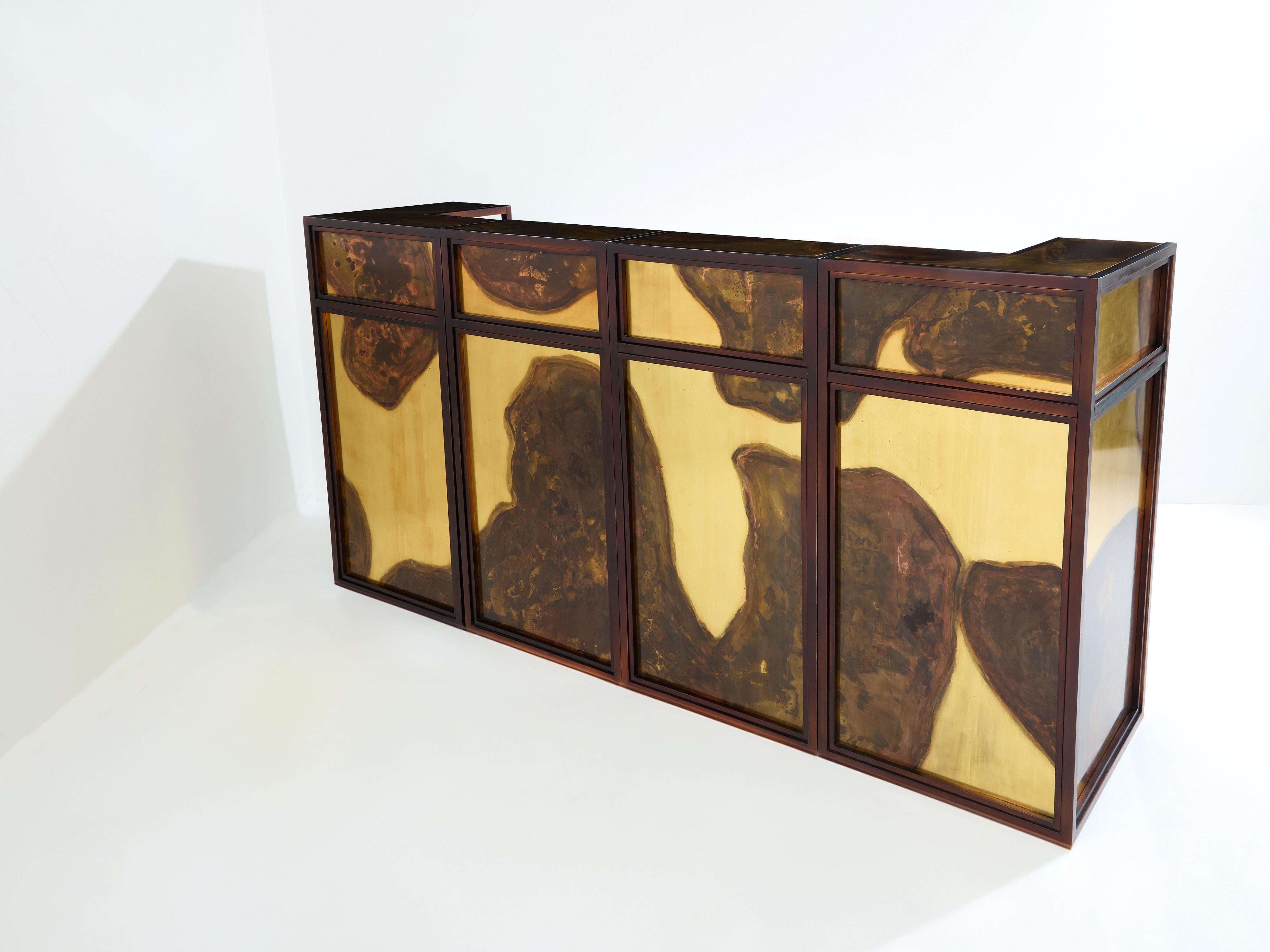 Isabelle and Richard Faure oxidized brass bar cabinet counters 1970s In Good Condition For Sale In Paris, IDF